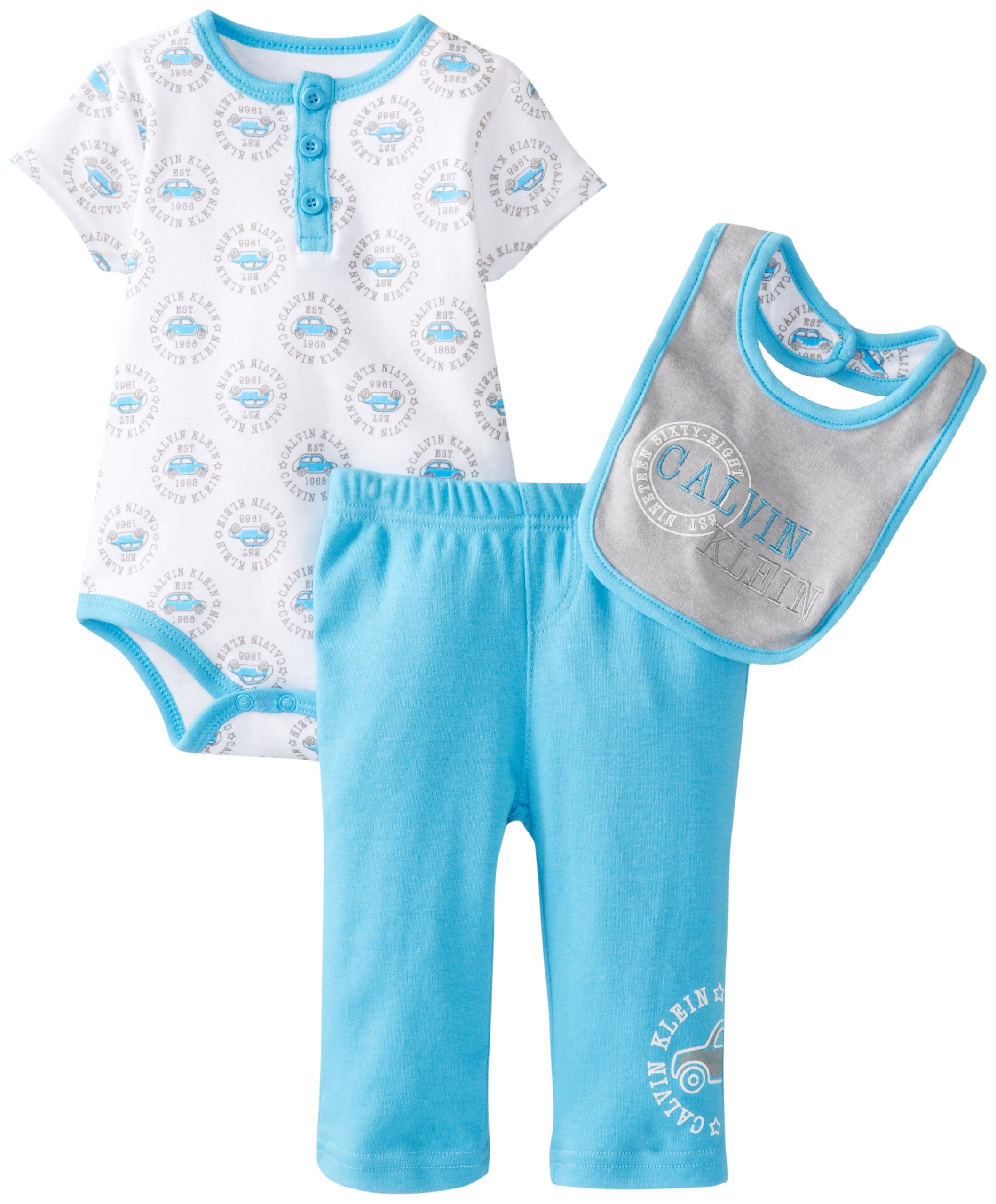Calvin Klein Baby-Boys Newborn Printed Bodysuit with Light Pull On Pants and Bib