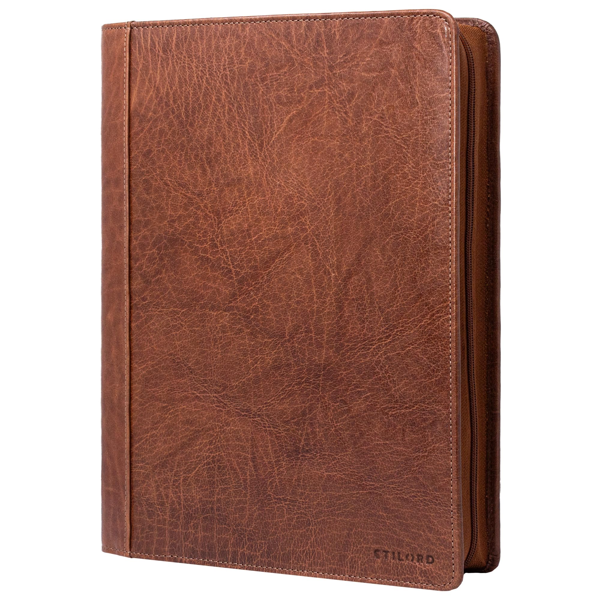 STILORD Gus Conférencier Cuir A4 Vintage Porte-Bloc Porte-Documents Véritable Compartiment Grande Organisateur Zippé Marron
