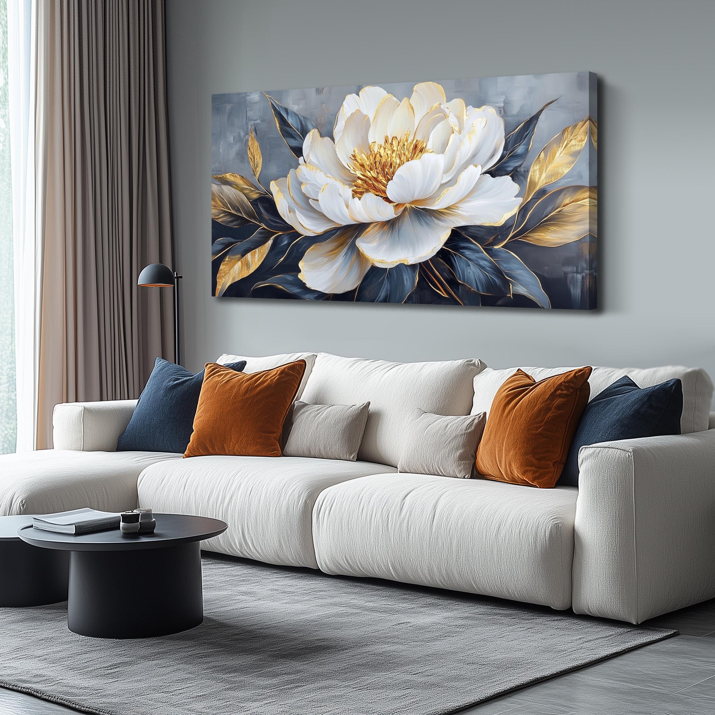 AOZEMI White Flowers Wall Art for Living Room Floral Beautiful Picture Gold Canvas Art Nature Wall Decor Bedroom 24"x 48"