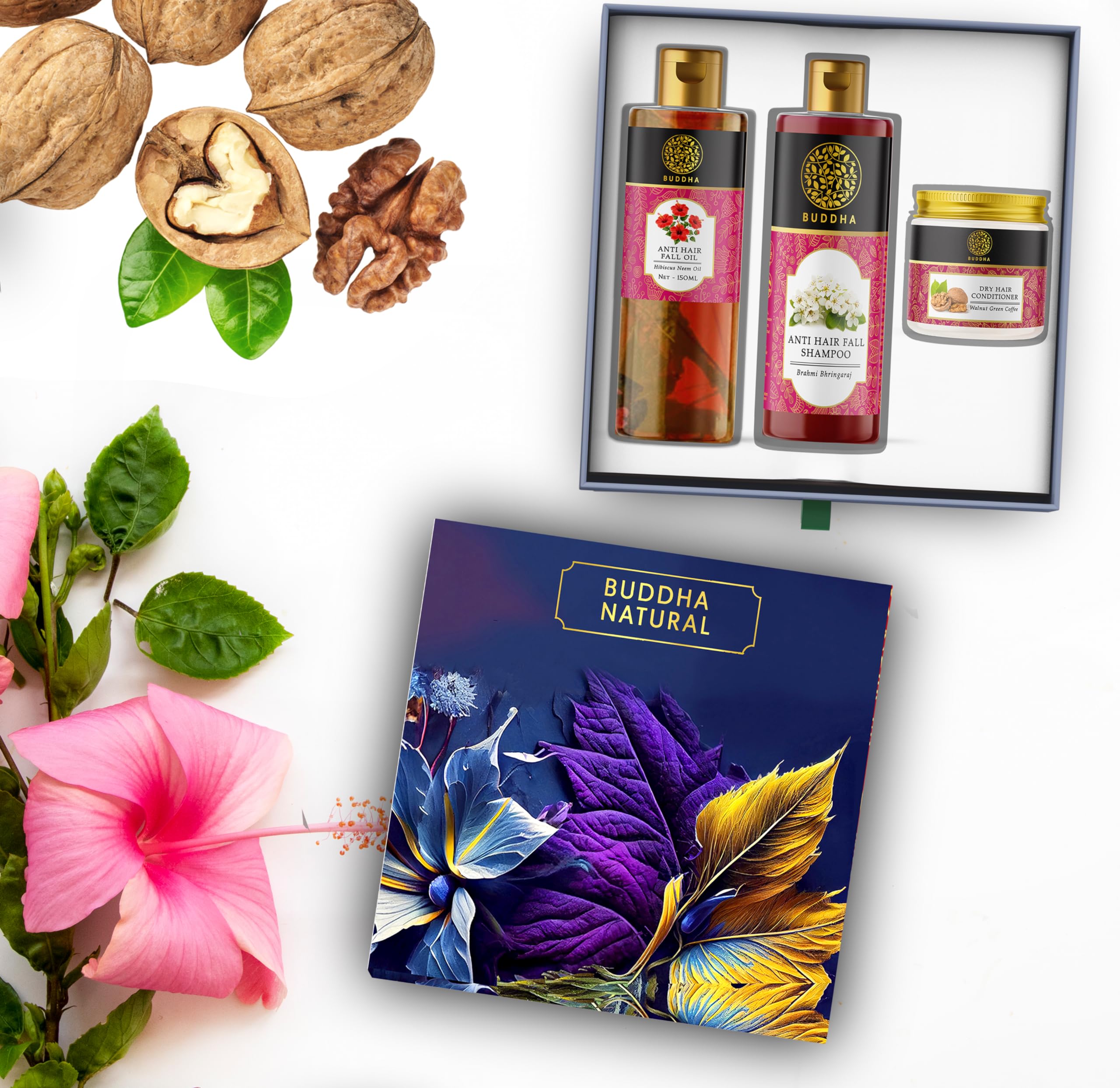 Buddha Natural Hair Care Gift Box Velvet Bliss (Nourishing Hair Oil, Strengthening Shampoo, and Hydrating Conditioner for Hair Fall) - Ayush Certified - Promotes Natural, Lustrous Hair Growth