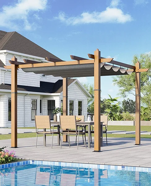 GarveeLife 10x10 ft Outdoor Pergola with Retractable Canopy Upgraded Outdoor Aluminium Pergola, Faux Wood Grain Metal Patio Gazebo for Modern Backyard Deck for Porch, Awning, Grape Trellis, Grey