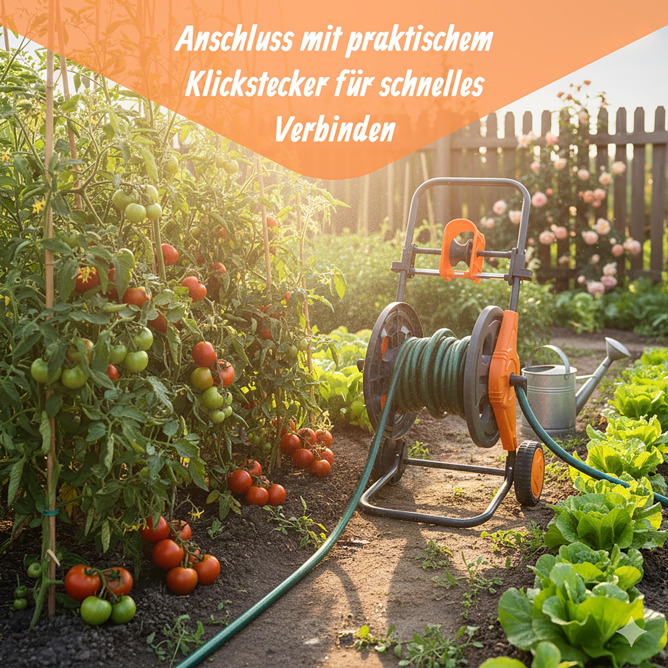 Relaxdays Schlauchwagen, 60 m, Klickkupplung, Schlauchführung, 2 Räder, Kunststoff, Stahl, Schlauchtrommel, grau/orange