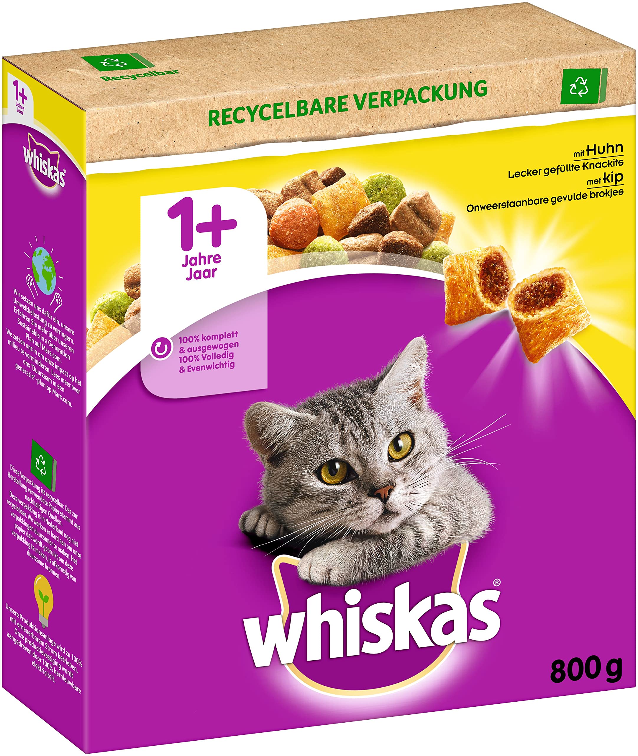Whiskas Adult 1+ Comida Seca para Pollo, 5 x 800 g (5 Paquetes), Comida Seca para Gatos Adultos, Diferentes envases de Productos Disponibles