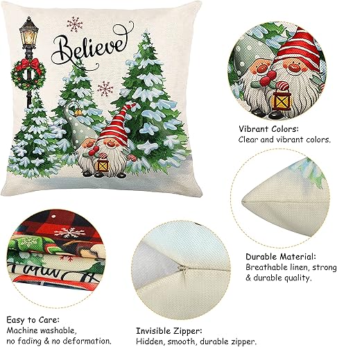 Miniatura 2 de Juego de 4 fundas de almohada navideñas de 18 x 18 pulgadas, cojines a cuadros con árboles, muñeco de nieve, elfo de nieve, manta decorativa para