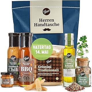 Gepp’s Feinkost Herrenhandtasche I Lustiges Männergeschenk gefüllt mit Delikatessen wie Knoblauch-Chili-Sauce, Edelkräuter-Olivenöl, Texas BBQ Rub I Geschenkidee zum Vatertag I Vatertagsgeschenk