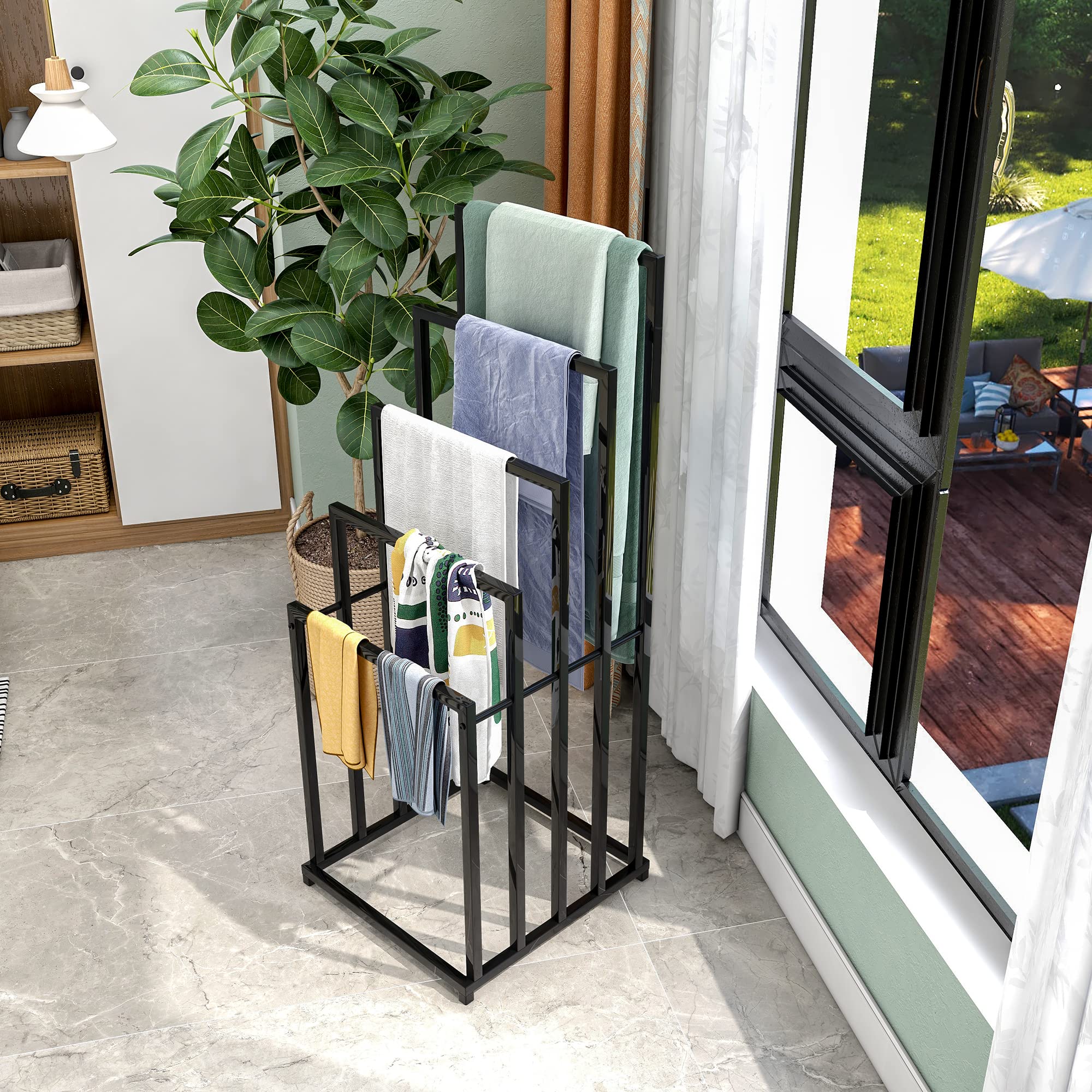 JELUTE Porte-Serviettes sur Pied Organisateur pour Salle de Bain et Serviettes Accessoires de Salle de Bain (5 Animaux, Noir)