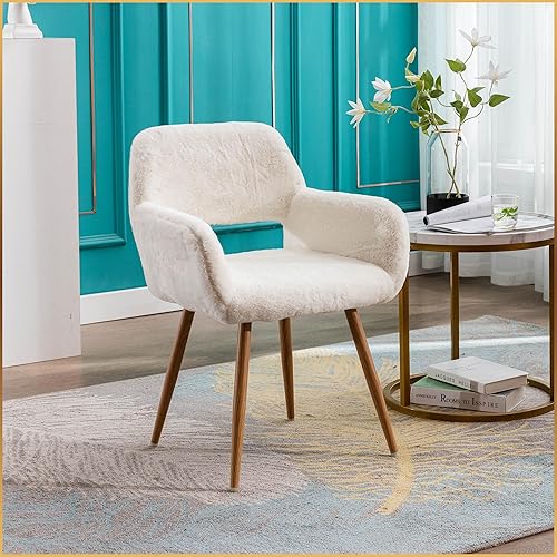 Miniatura 2 de GOOLON Silla de escritorio, silla de escritorio de piel sintética sin ruedas, silla esponjosa para escritorio, silla de escritorio tapizada peluda,