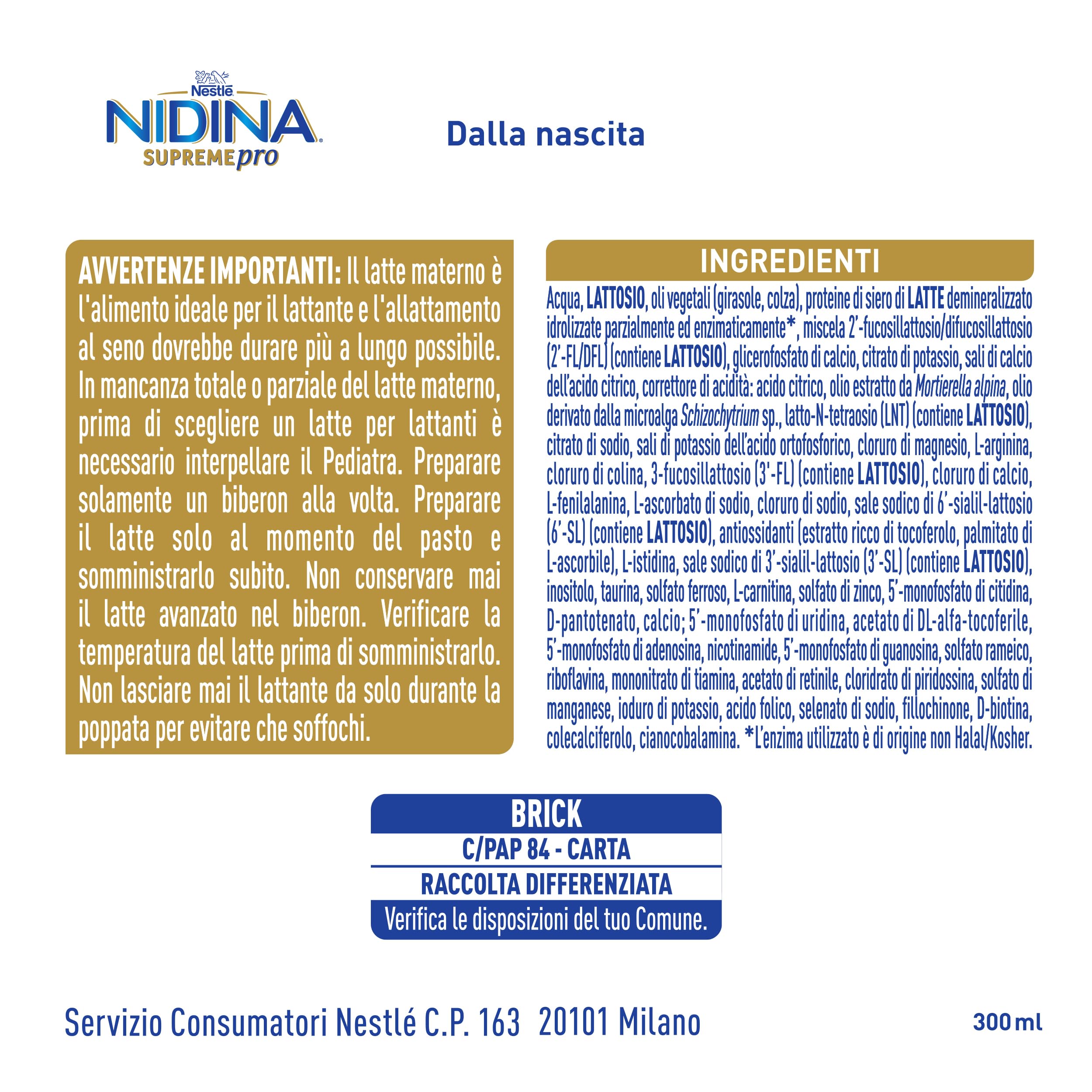 NIDINA SUPREMEpro 1 Latte per Lattanti Liquido dalla nascita, 12 Brick da 300ml (3,6L)