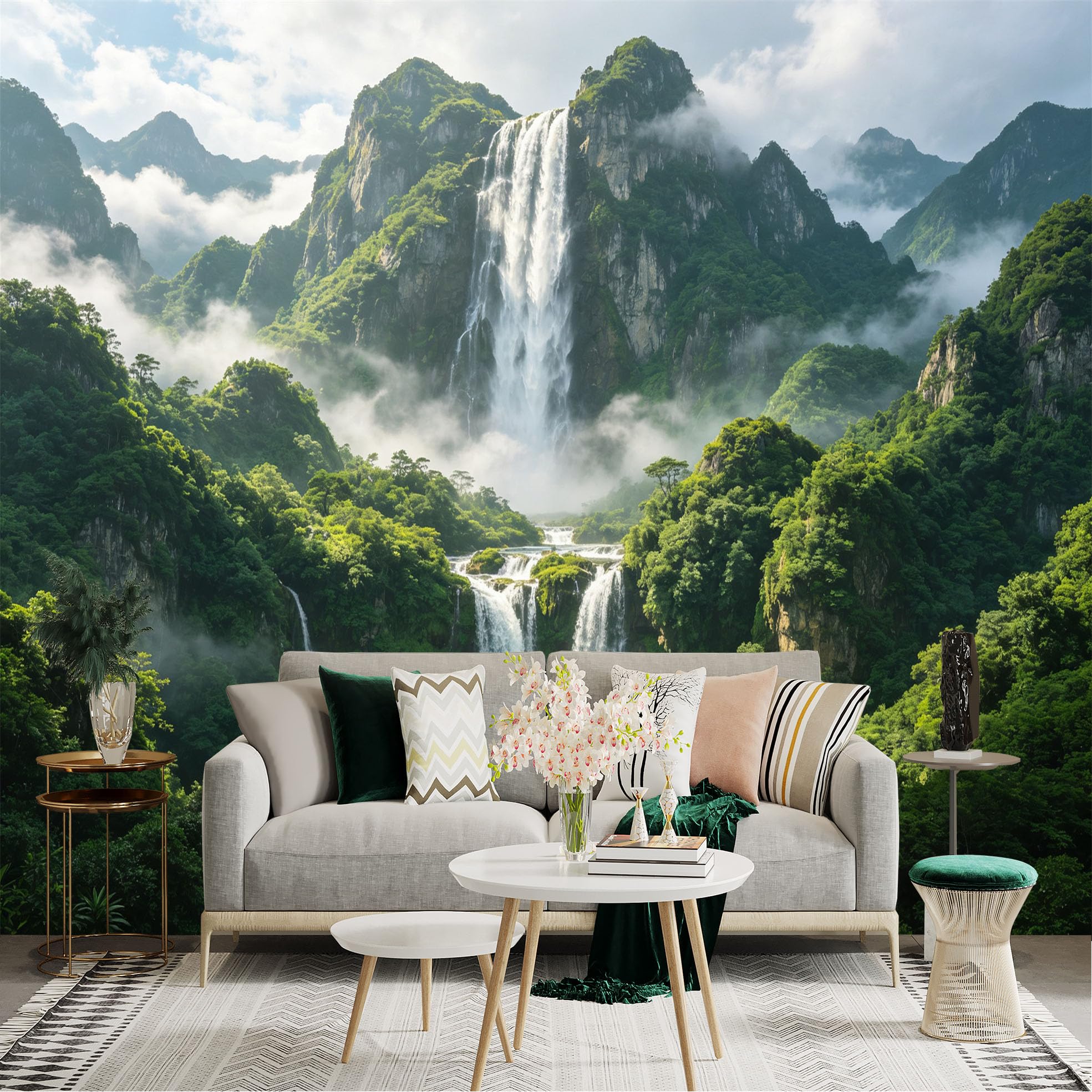 Custom Size Wall Sticker Mural， Majestic Waterfall in Lush Tropical Rainforest， Misty Mountains and Turquoise Lake， for wall Decoration， peelandstick wall Decals.