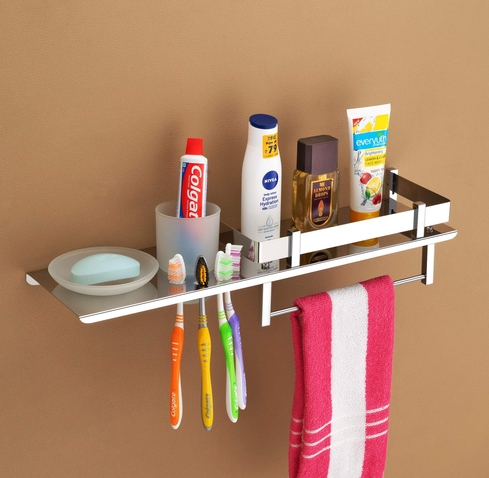 KEEPWELL Stainless Steel Nickel Chrome 4 in 1 Multipurpose Bathroom Shelf Soap Dish, Tumbler, Toothbrush Holder (Silver, 18 x 5 Inches)