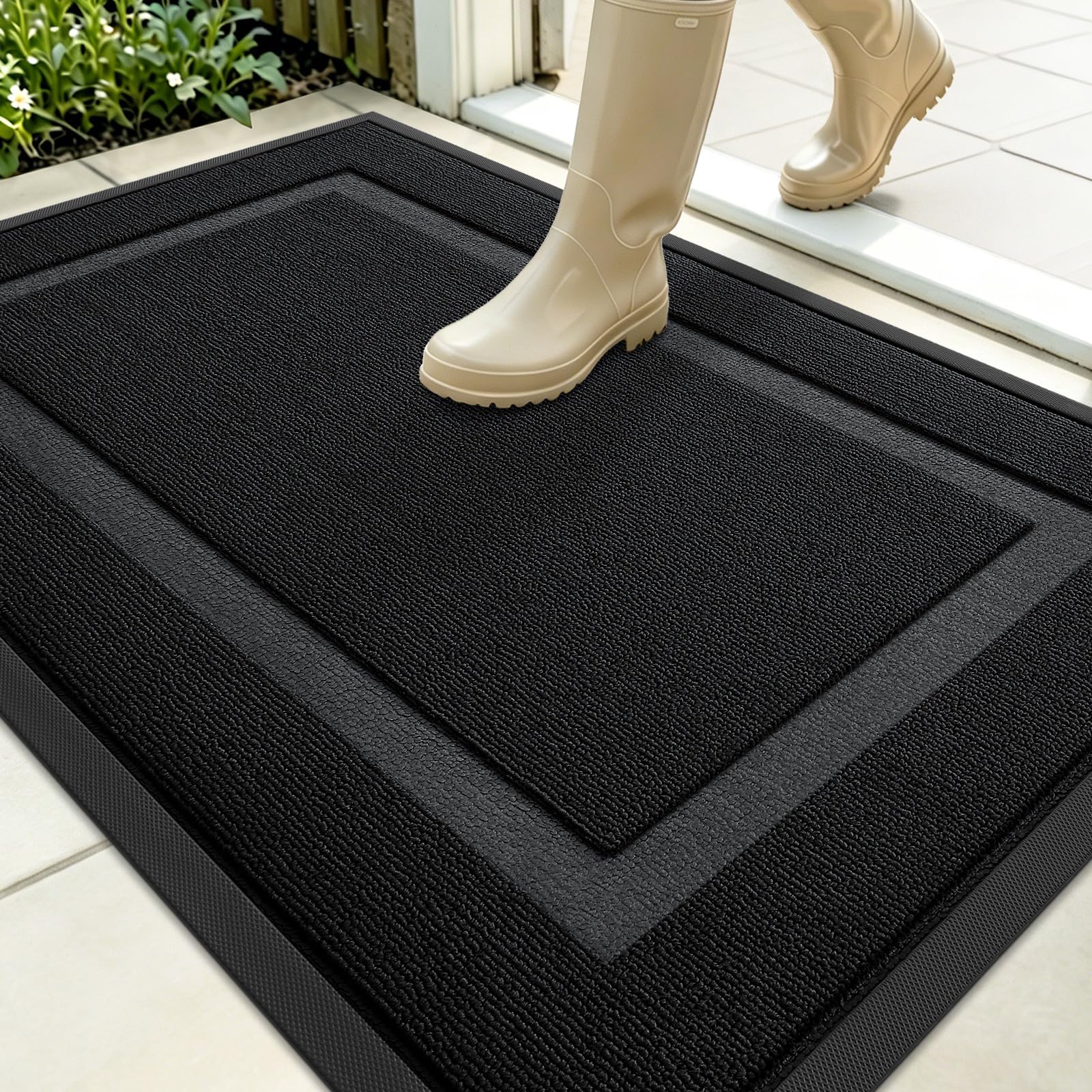 OLANLY Front Door Mat Outside 35x23, All-Season Heavy-Duty Rubber Doormat | Jet Black, Absorbent, Stain Fade Resistant, Waterproof Non-Slip Backing, Low-Profile Indoor Outdoor Floor Mat for Entryway