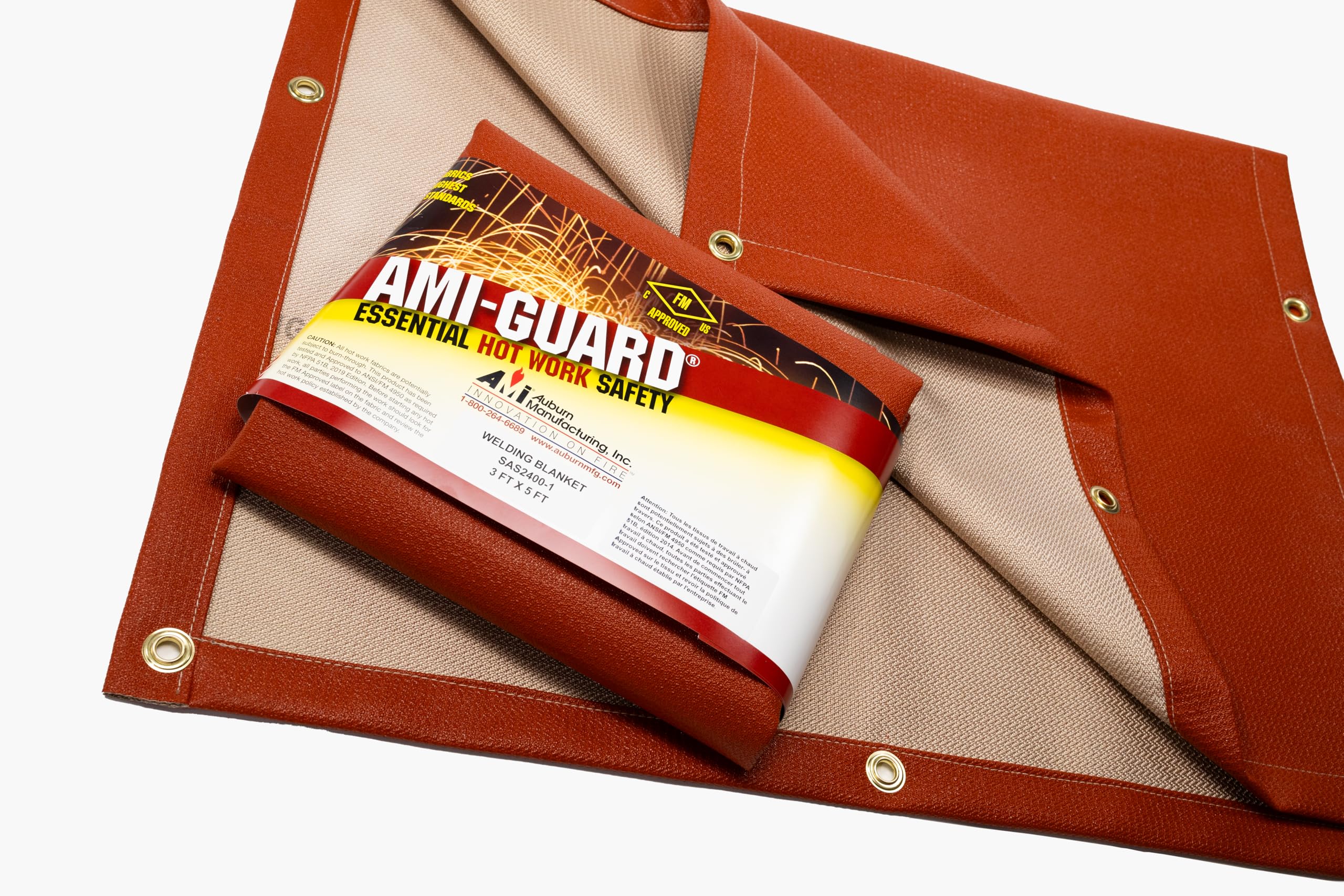 AMI-SIL Grometted Welding Blanket - Approved to ANSI/FM 4950 for Hot Work Protection. 96% Silica Cloth with cured silicone rubber and Herringbone weave - Red- 3' x 5', 1 Pack