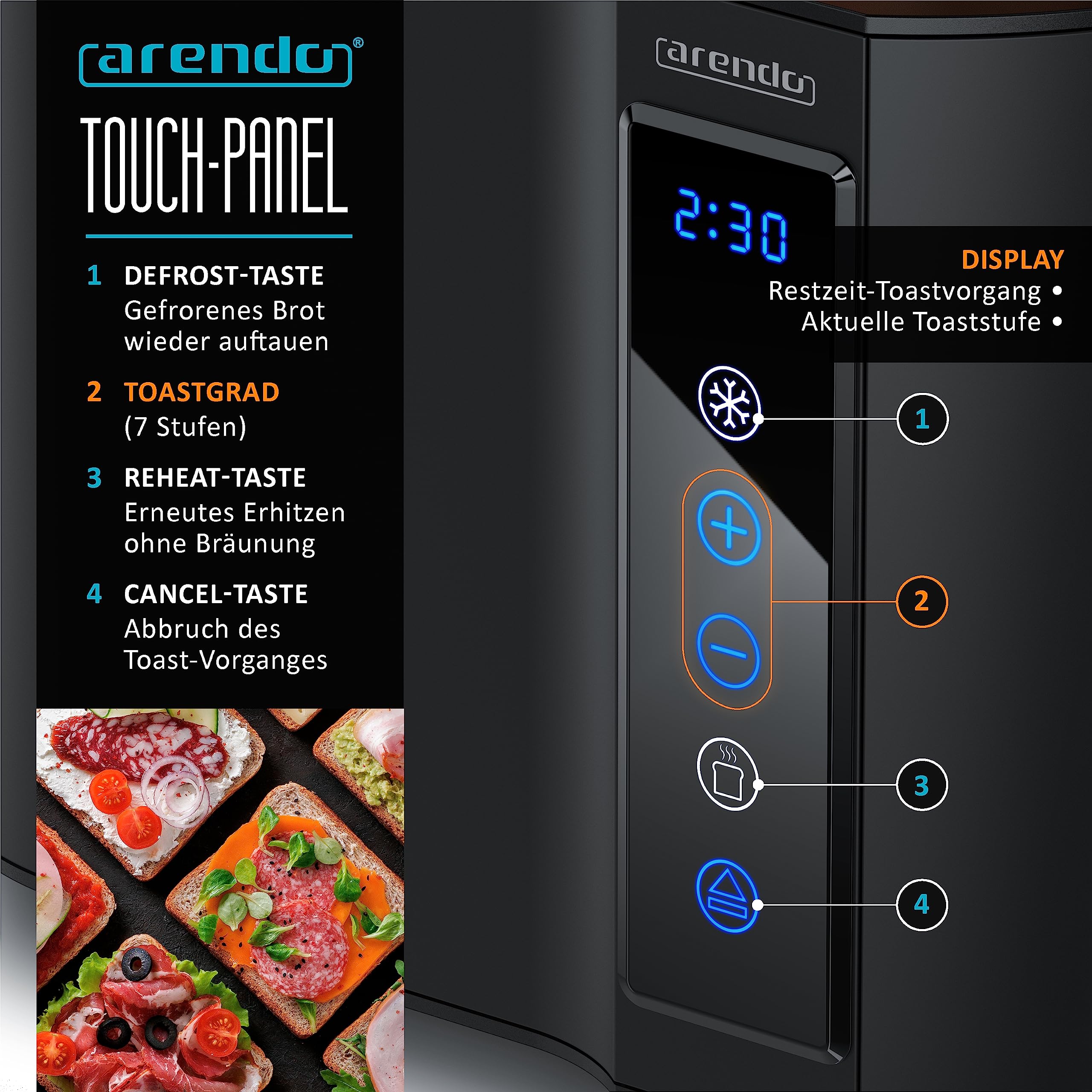 Arendo - Tostapane tattile a 2 fette in acciaio inox - Pannello tattile - Display digitale del tempo rimanente - 800 W - Alloggiamento a doppia parete - Con griglia riscaldante per dolci - 7 livelli
