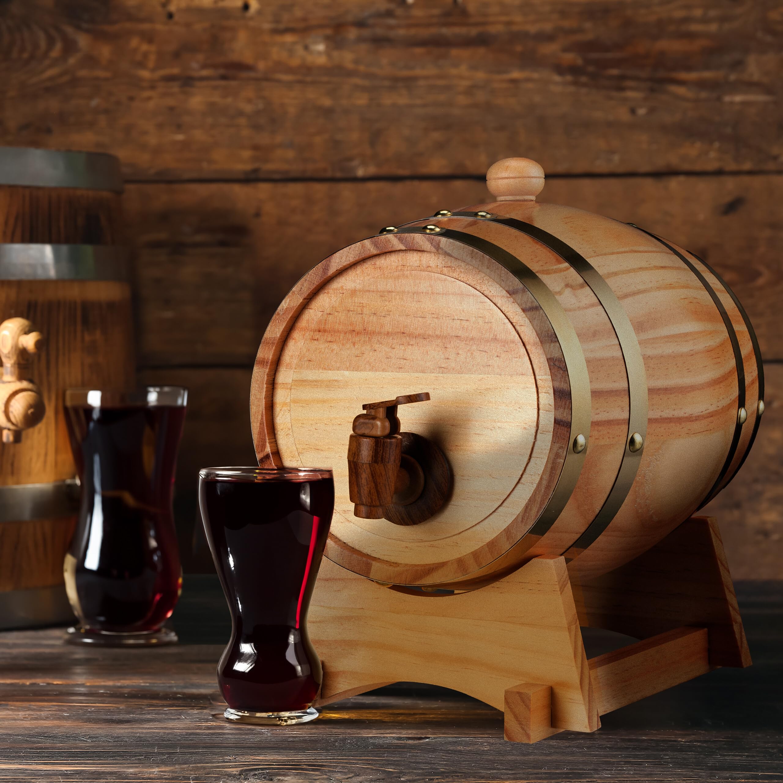Relaxdays Tonneau pour Boissons, 2,2 litres, Bois, fût, Support & Robinet, Whisky, vin, spiritueux, Distributeur, Nature, 25 x 18,5 x 27 cm