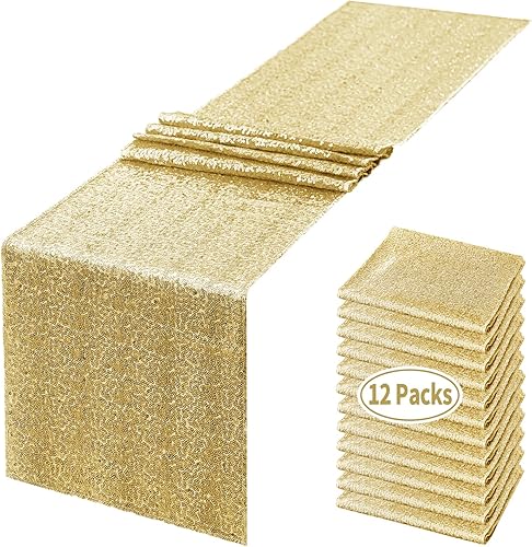 Camino de mesa de lentejuelas doradas, paquete de 12 caminos de mesa con purpurina de 12 x 72 pulgadas, mantel de lentejuelas doradas para mesas,