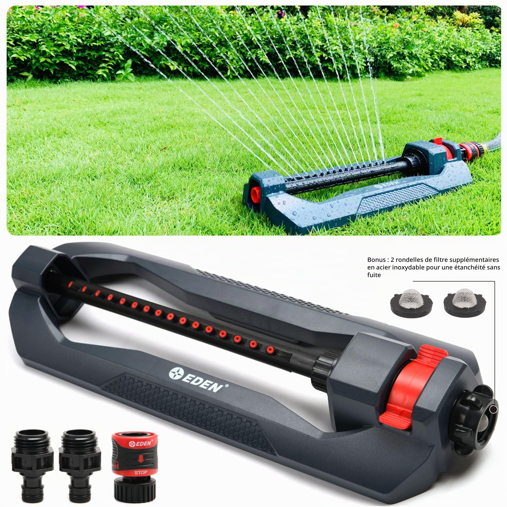 Eden 96213 Lawn & Garden Essential Arroseur d'eau oscillant pour Cour avec kit de démarrage à Connexion Rapide, Couvre jusqu'à 3 600 m², Base Lourde