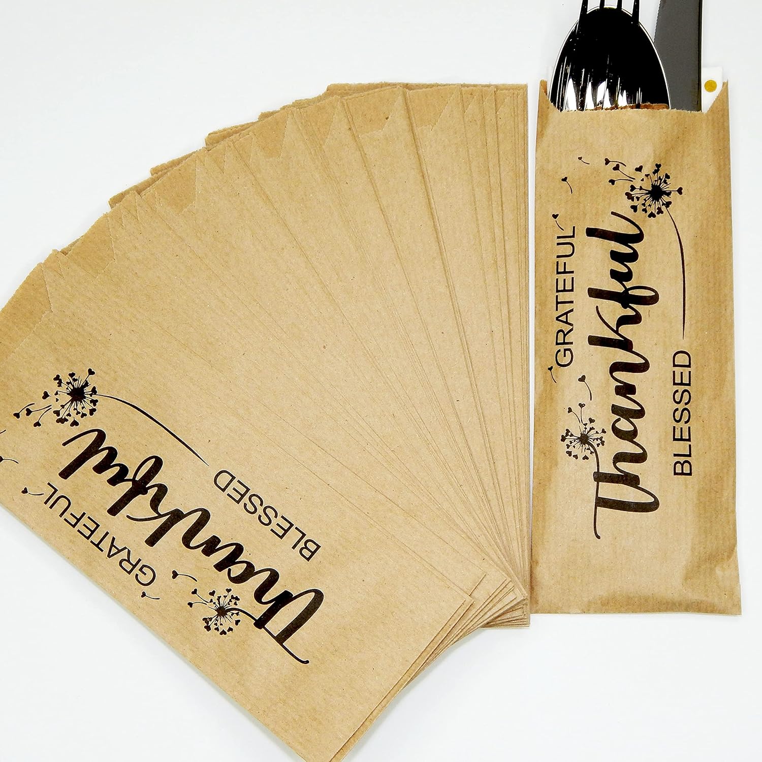 Thankful Grateful and Blessed Silverware Bags - Utensil Holders For Thanksgiving Table Decoration - Rustic Kitchen Decor - Autumn Harvest Decorations - Pocket Sleeves - Flat 2.8" x 7.5" - Pack of 50 : Handmade Products