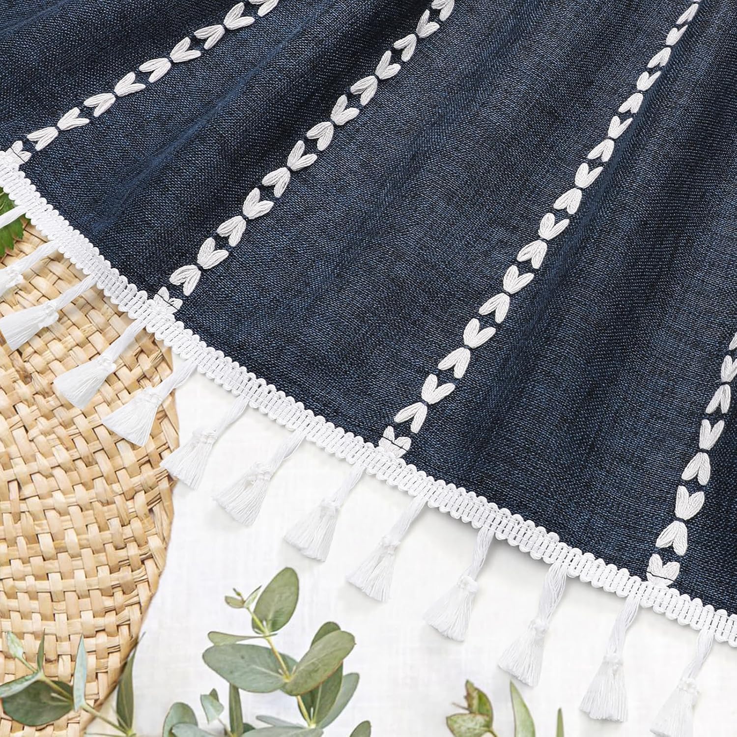MitoVilla Boho Farmhouse Shower Curtains for Modern Farmhouse Bathroom Decor, Navy Country Thick Polyester Linen Fabric Shower Curtain, Rustic Tassel Cloth Shower Curtain, 72 x 72, Navy