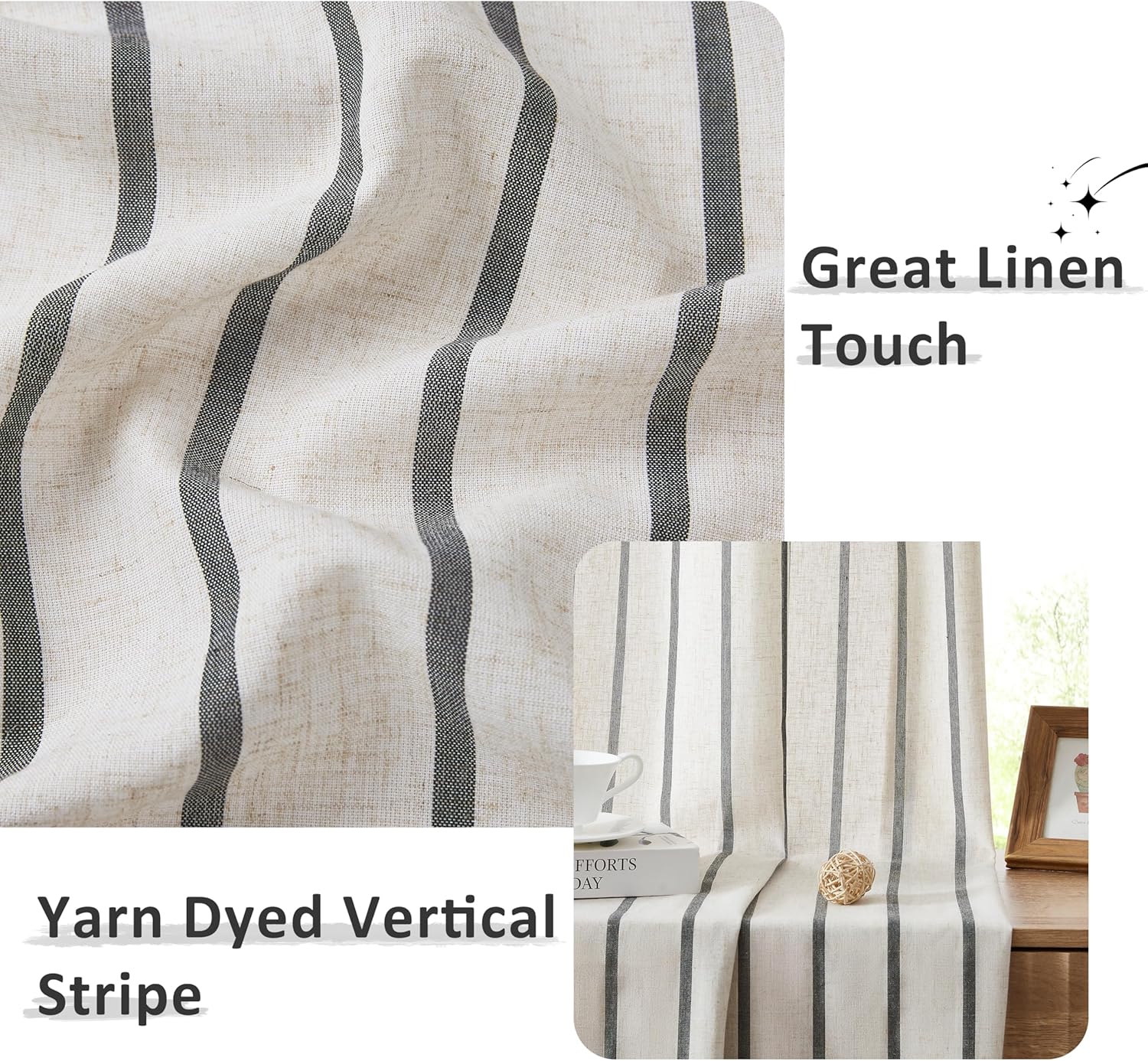 Black Stripe Light Filtering Curtains 95 Inches Long,Woven Vertical Stripes on 12% Linen Blended Beige Drapes,Neutral Window Treatment for Living Room Bedroom,Grommet,Black/Beige,40"Wx95"Lx2