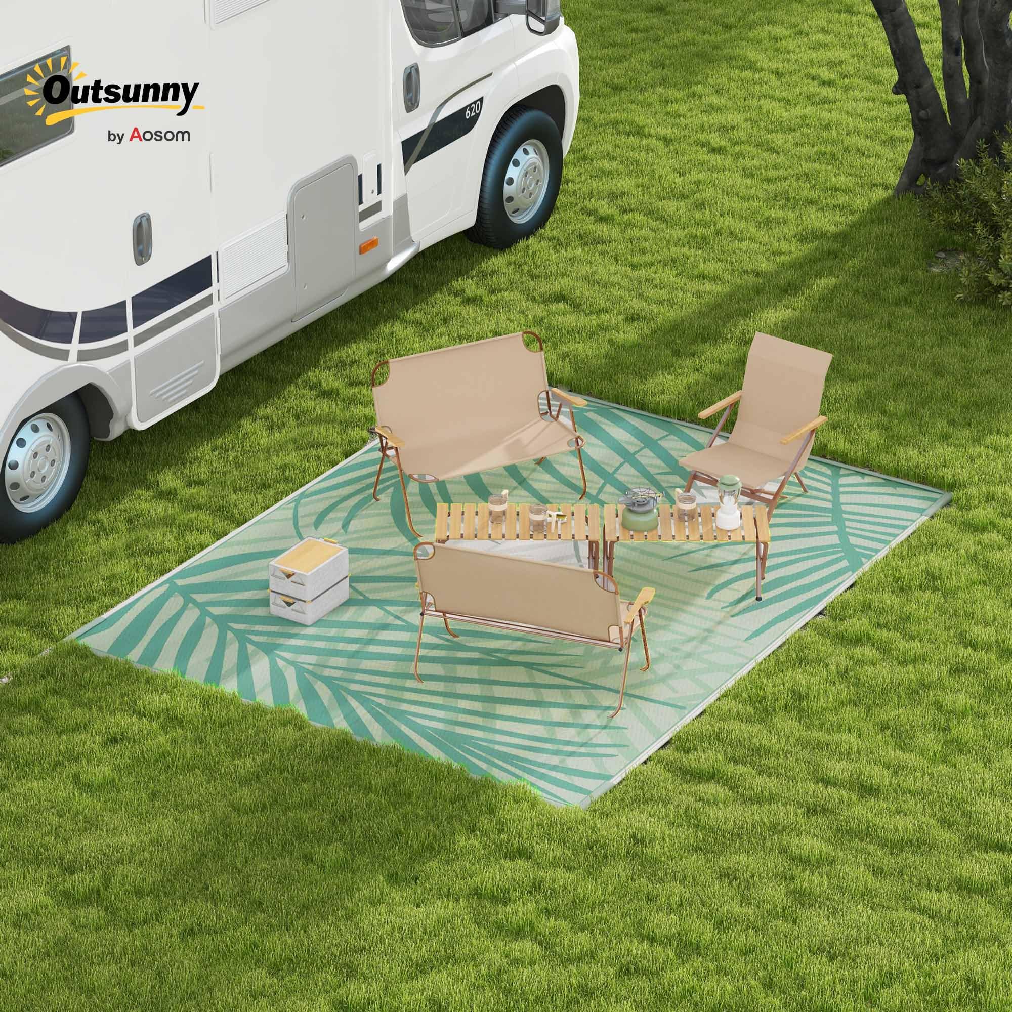 Outsunny Tapis de Jardin Tapis d'extérieur réversible 365L x 274l cm imperméable Motif Feuillage avec Sac de Transport pour terrasse Balcon Camping, Vert crème