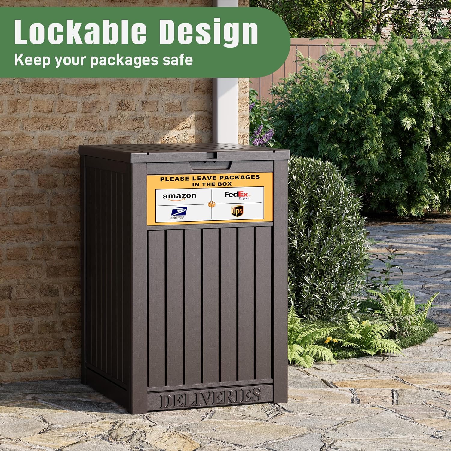 Package Delivery Box for Outside with Sign, Secure Lockable Waterproof Package Delivery Container, Resin Deck Box for Porch & Garden, Brown