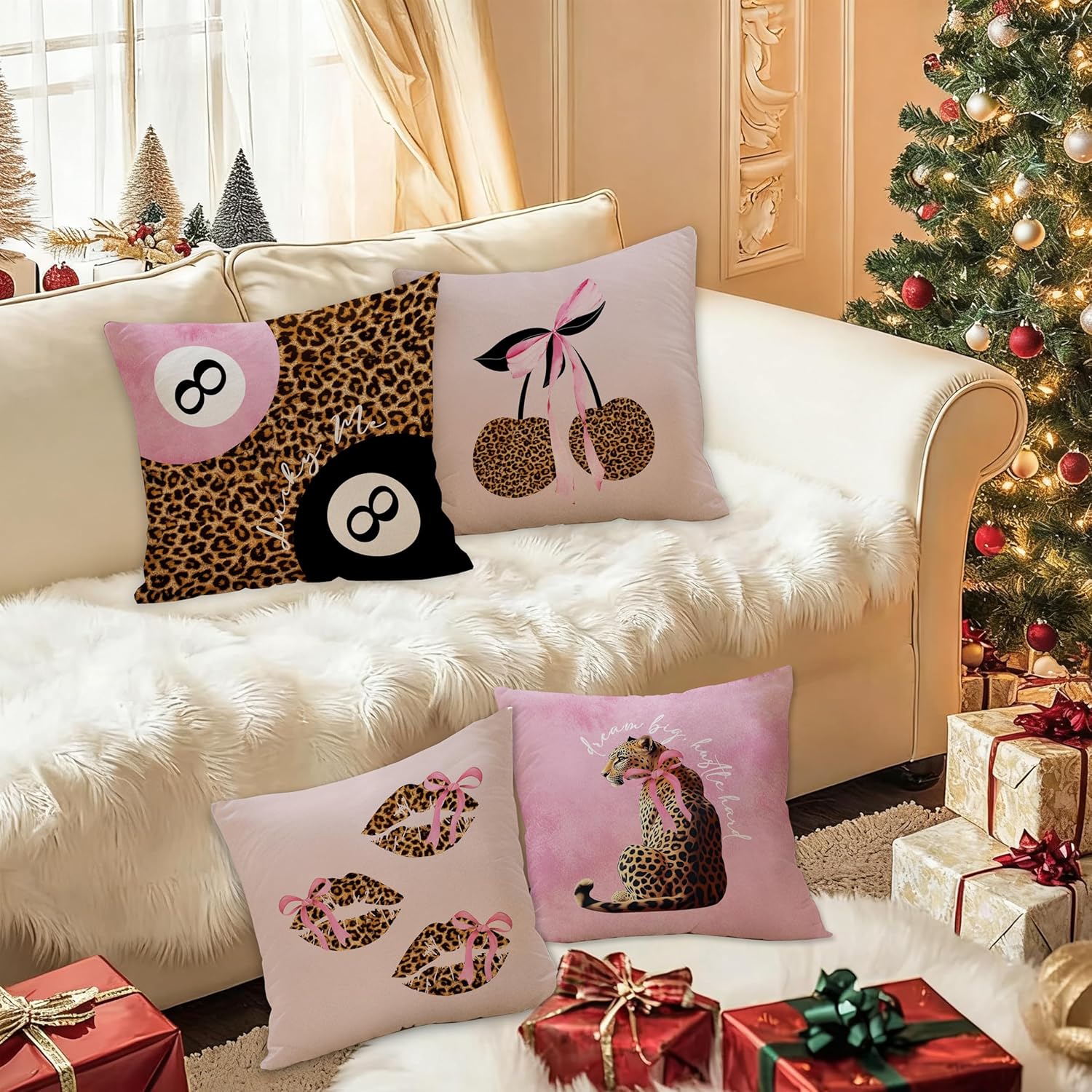 Coquette Pink Bow Cheetah Print Pillow Covers 18x18, Cheetah Print Room Decor, Trendy Retro 8 Ball Cherry Lips Leopard Decorative Throw Pillow Covers for Girls Bedroom Dorm Home, Set of 4