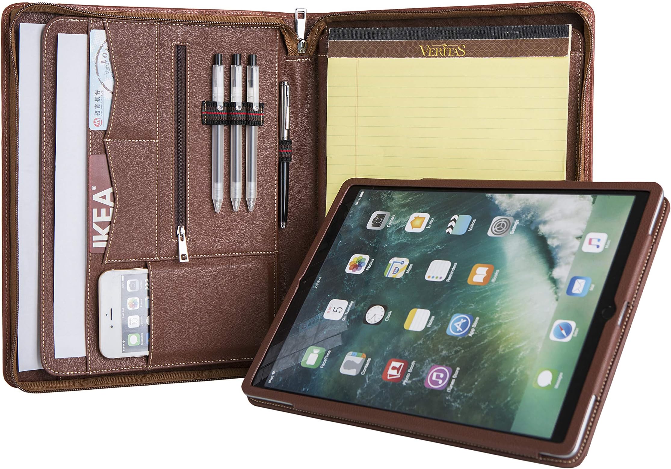 Genuine Leather iPad Portfolio Case Professional Office Organizer Folder Business Travel Padfolio with Zippered Closure, Gift for Women & Men (Folio 29-Brown, for New iPad Pro 12.9 (3rd Gen 2018))