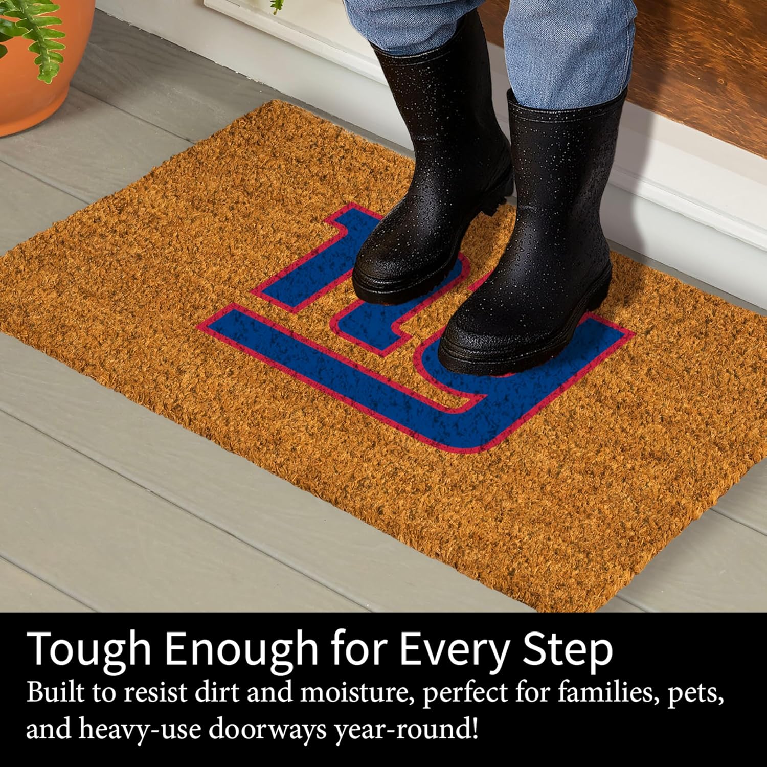 NFL New York Giants Natural Coir Doormat, Official Full Color Team Logo, 28 x 16 Inches, Non Slip Back, Front Door Welcome Floor Mats, Indoor Outdoor Entrance Home Décor