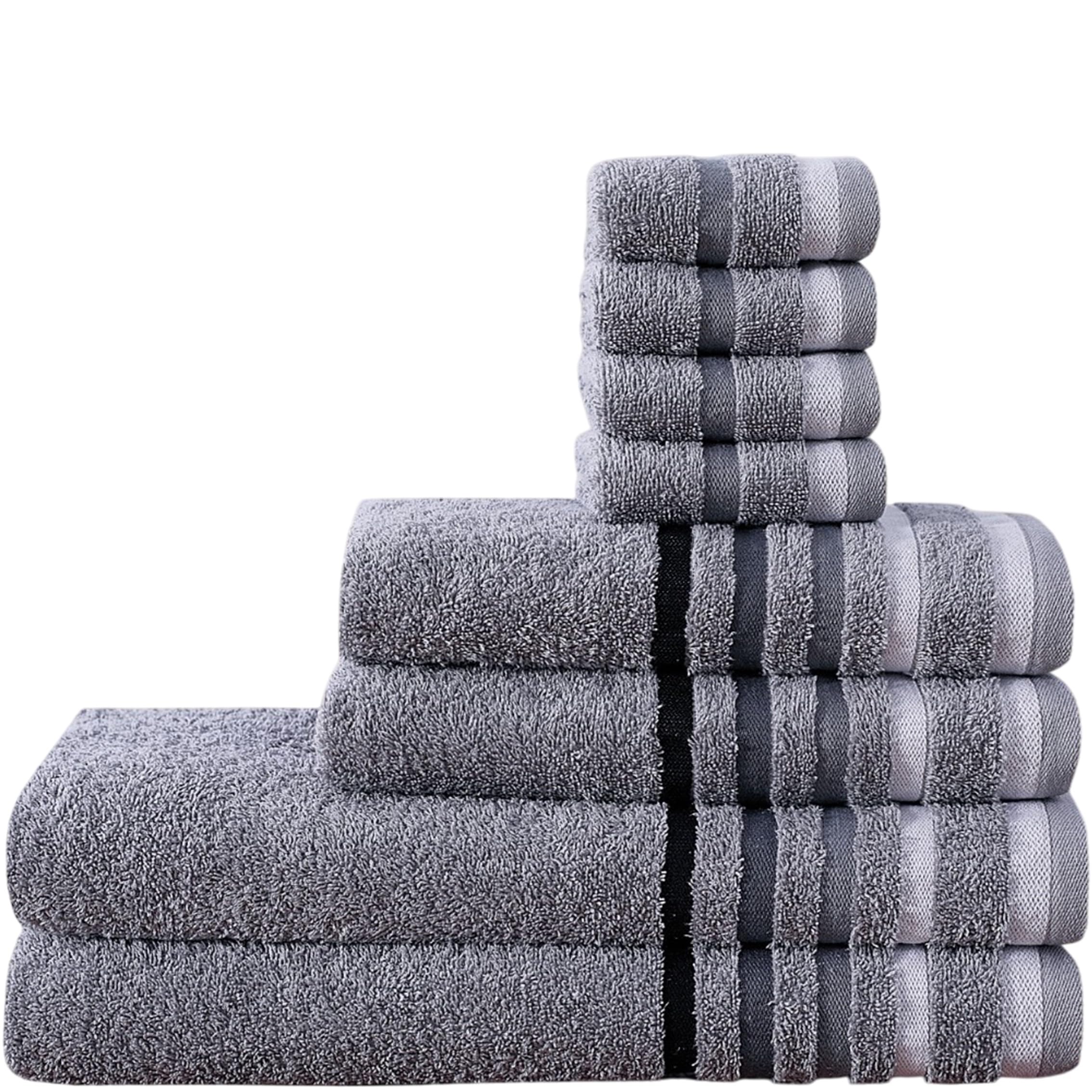 8 Piece Towel Set – 100% Natural Cotton, 600 GSM – Includes 2 Bath Towels, 2 Hand Towels, 4 Face Cloths – Ultra Soft, Highly Absorbent, Quick-Dry – Hotel Spa Quality Bale Set (Silver Stripe Border)