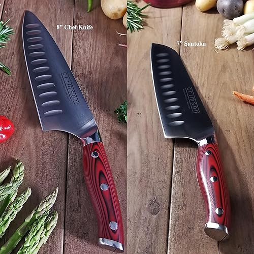 Miniatura 3 de Ergo Chef Crimson Series - Juego de cuchillos de bloque de bambú forjados de alto carbono X50CrMoV15, acero inoxidable alemán, espiga completa, asas