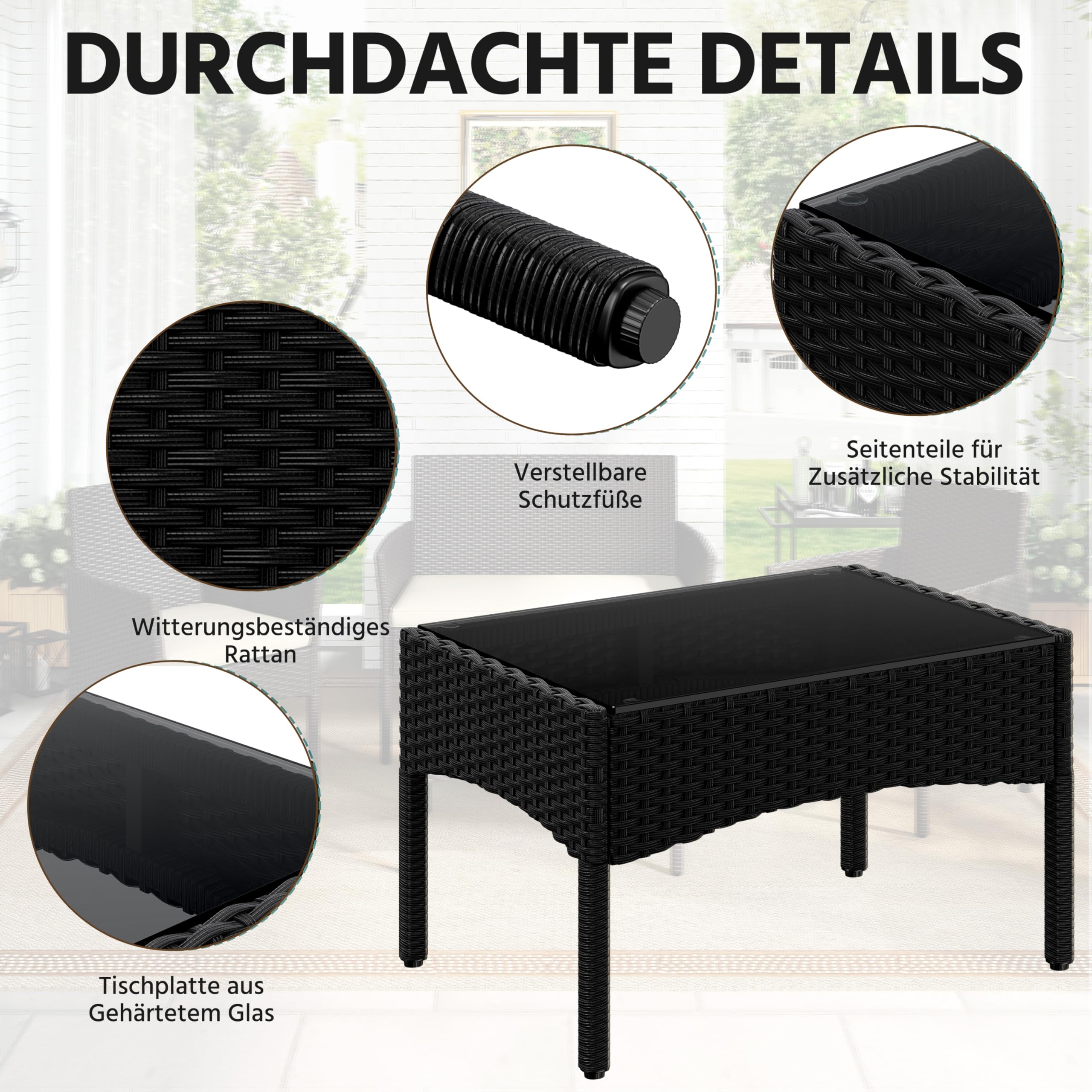 Yaheetech 4-er Gartenmöbel Set Balkonmöbel Set aus Polyrattan Terassenmöbel Außen mit 2er Sofa, 2 Stühle, Tisch & Sitzkissen für Terrasse/Balkon/Garten, Schwarz & Grau