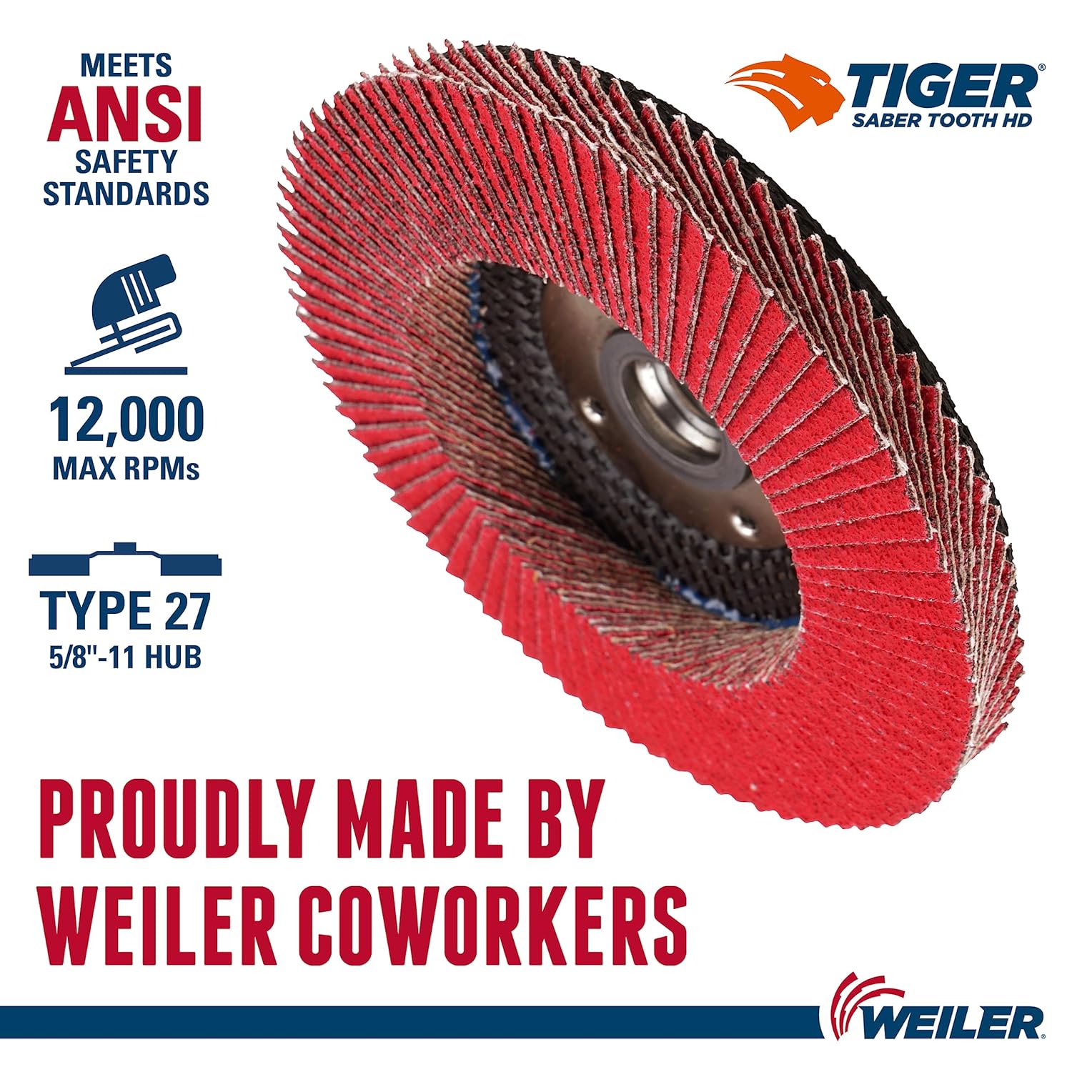Weiler 50133 Saber Tooth 5/8"-11 Arbor, 4-1/2" Diameter, 40 Grit, Ceramic, Phenolic Backing, Flat High Density Abrasive Flap Disc