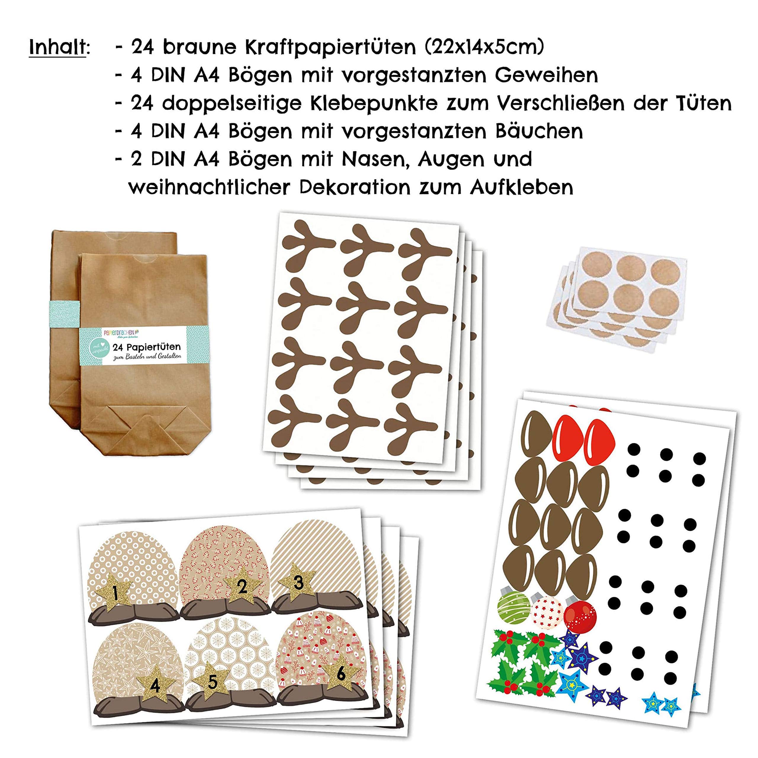 Papierdrachen Calendrier de l'Avent à remplir - Renne au Ventre Brun à fabriquer soi-même - 24 Sacs à Personnaliser et à remplir soi-même - Noël 2021 pour Les Enfants
