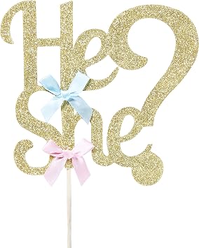 He or She Cake Topper Gold - Gender Reveal Party & Baby Shower Decoration