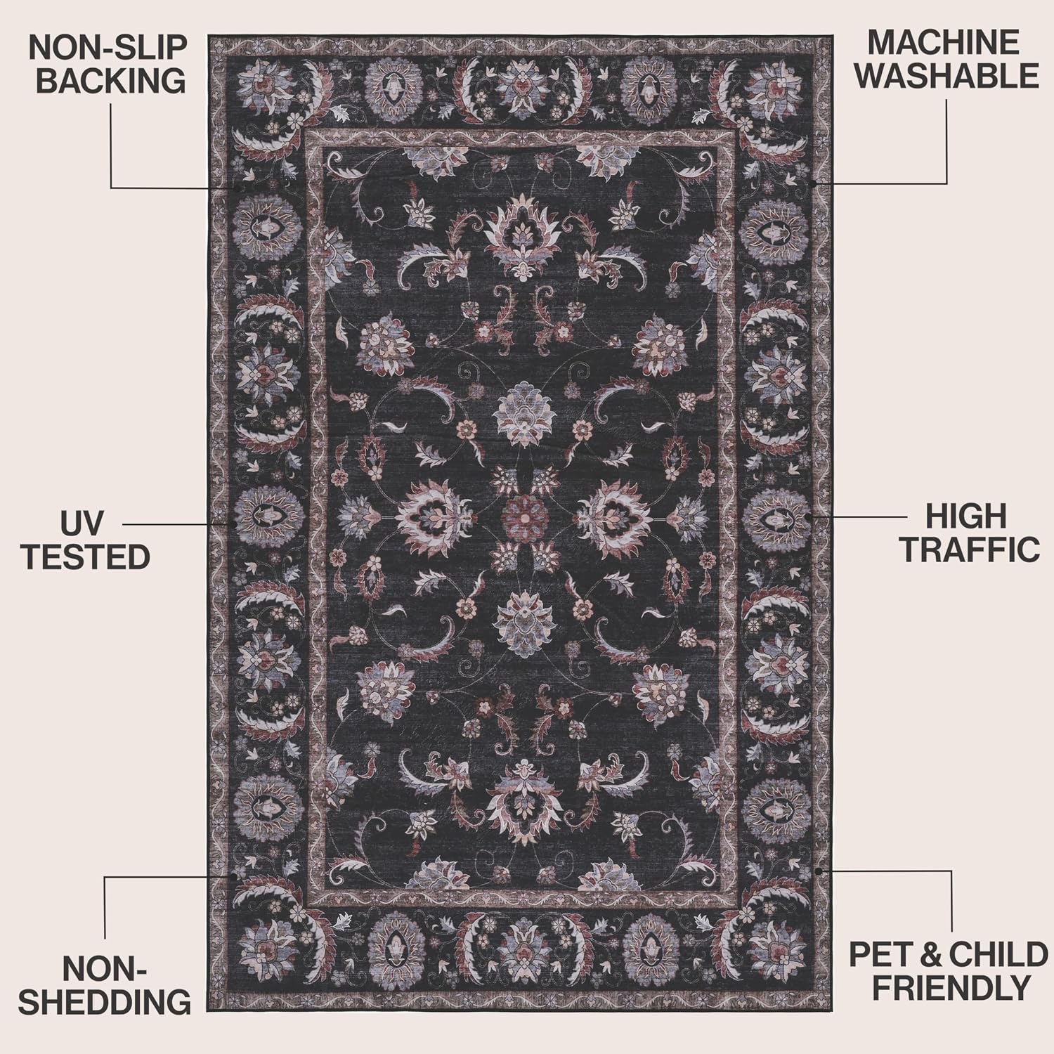 JONATHAN Y Ultra-Soft Machine-Washable Rug with Non-Skid Backing, Dark Gray/Multi 5'x8' Arabella Vintage Floral Border, Non-Shedding, Velvet Luxury Feel for Living Room, Dining Room, Bedroom VOR107G-5