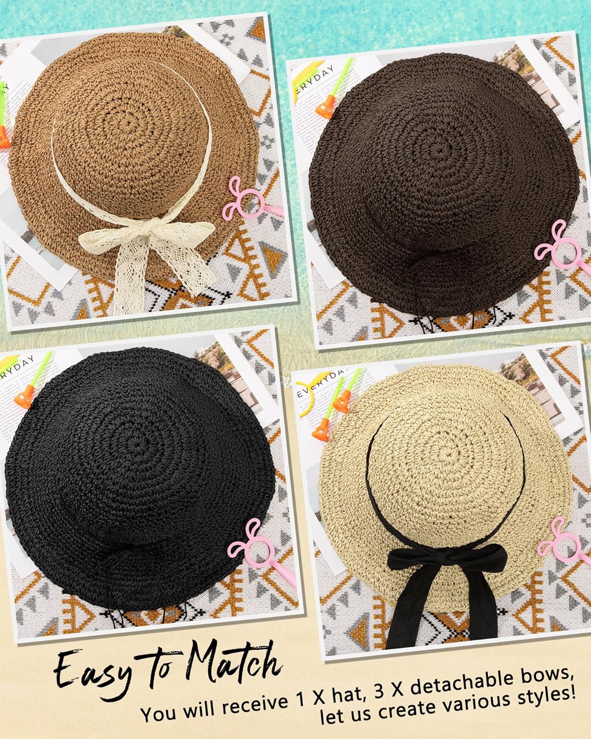 Senker Fashion Beach Straw Hats for Women, Handmade Floppy Bucket Sun Hat for Summer Vacation Wide Brim Packable Travel - Image 6