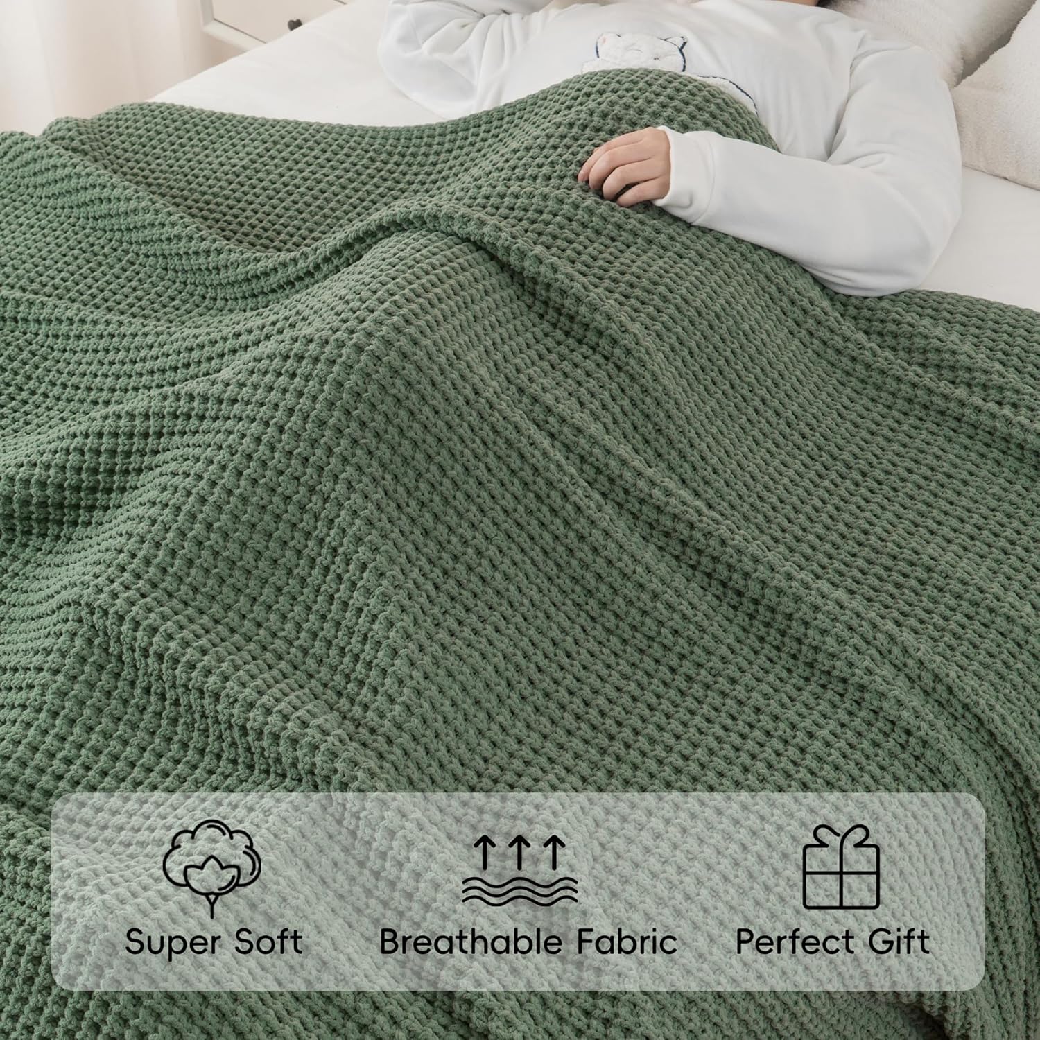 Bunnikins & Clover Knitted Waffle Throw Blanket 50x60 Inches, Sage Green Throw Blanket for Couch, Soft Cozy Chenille Knit Blanket Warm Decorative Throw for Sofa