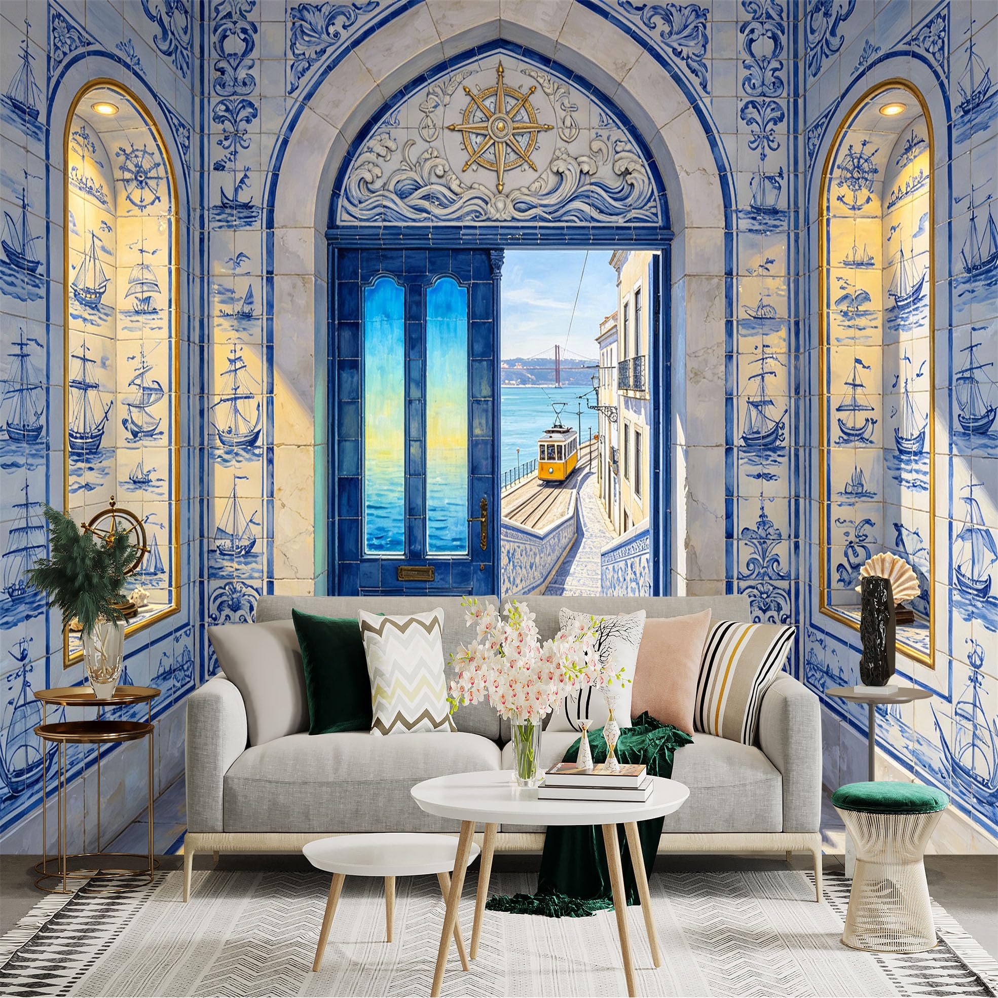Custom Size Wall Sticker Mural， Blue Coastal Tile Archway， Ocean View Tram and Sailboats， for wall Decoration， peelandstick wall Decals.