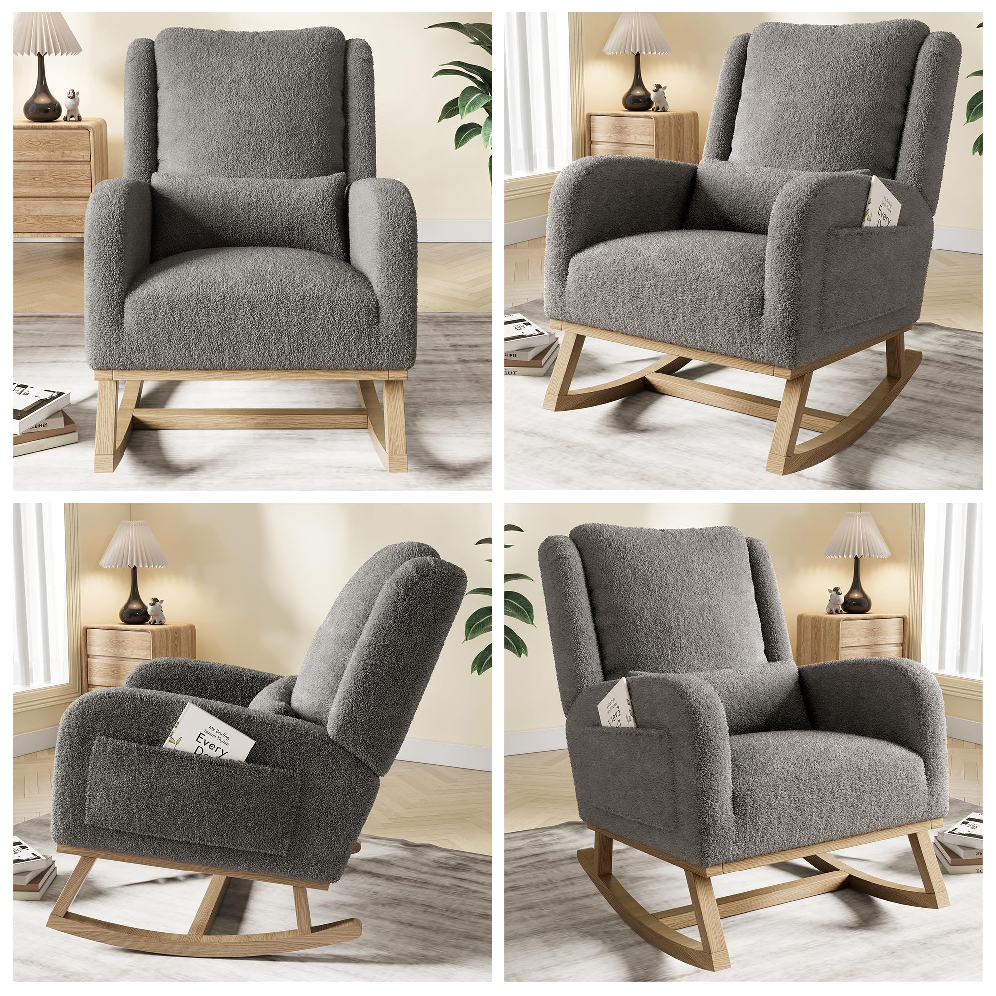 Silla Mecedora, Sillas Mecedoras de Salón, Silla de Lectura con Bolsillos de Almacenamiento en Ambos Lados, Silla Mecedora con Patas de Madera Maciza, 96x94x70cm, Terciopelo Teddy, Gris