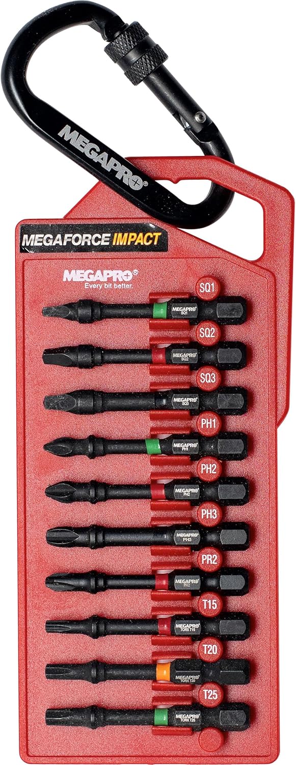Megapro 9BP-I-10A 2" Impact Assorted Bits, Black, #1, 2, 3 SQ bits, #1, 2, 3, 2D,T15, T20, and T25