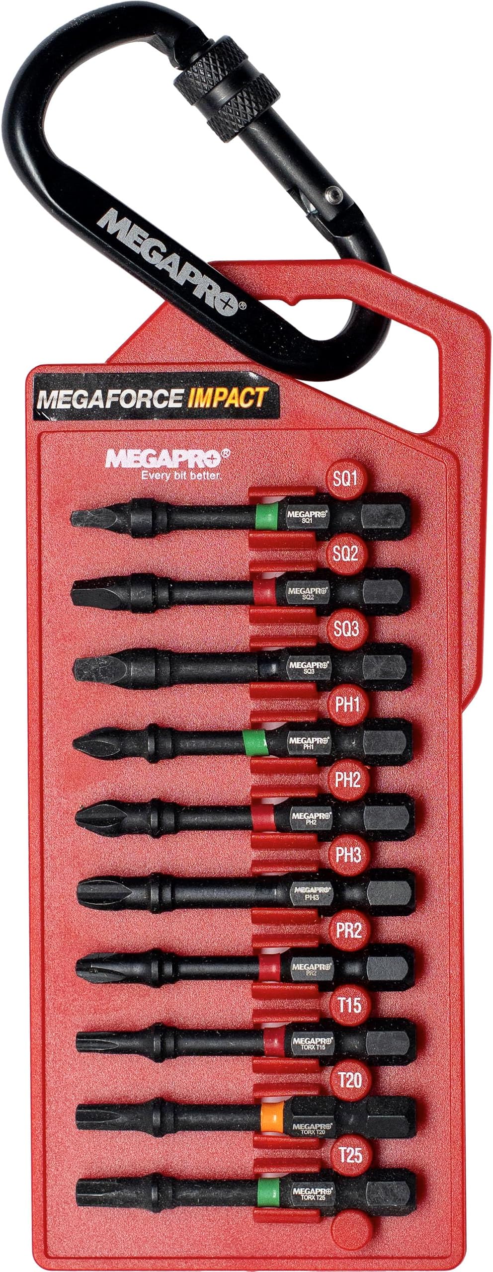Megapro 9BP-I-10A 2" Impact Assorted Bits, Black, #1, 2, 3 SQ bits, #1, 2, 3, 2D,T15, T20, and T25