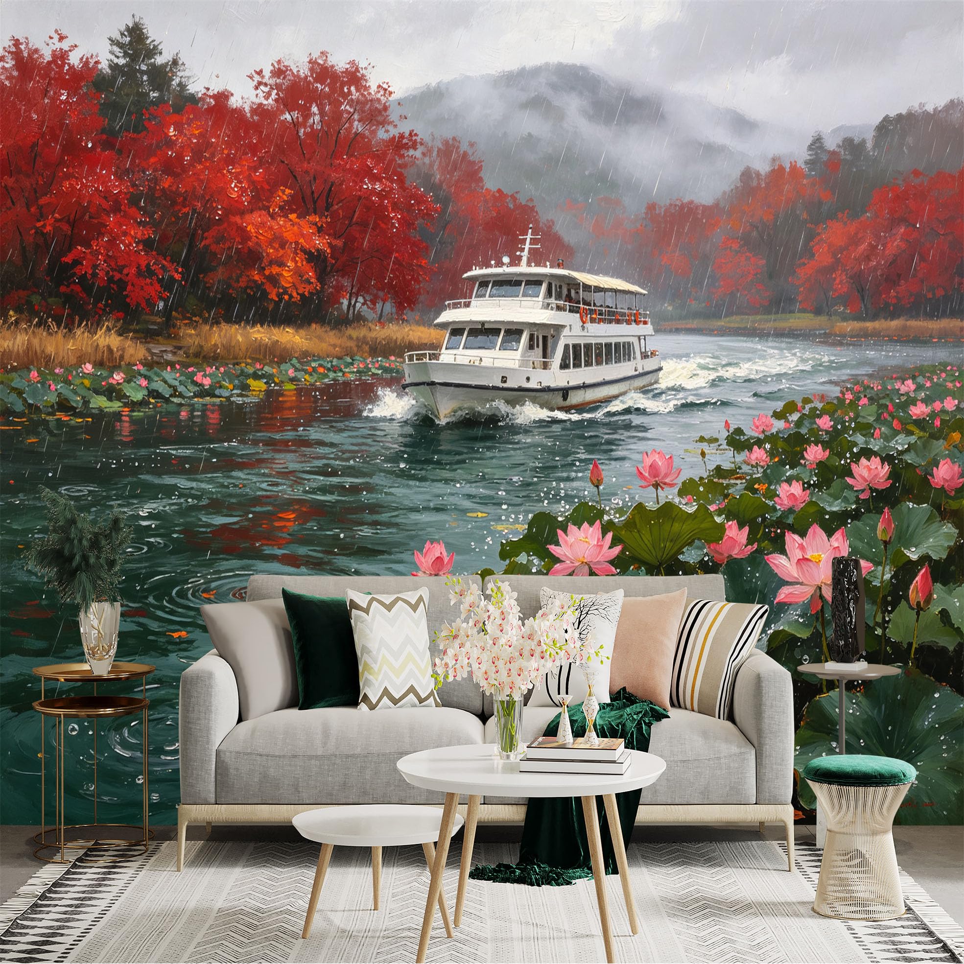 Custom Size Wall Sticker Mural， Rainy Autumn Landscape， Boat on River， Pink Lotus Flowers， Mandarin Ducks， for wall Decoration， peelandstick wall Decals.