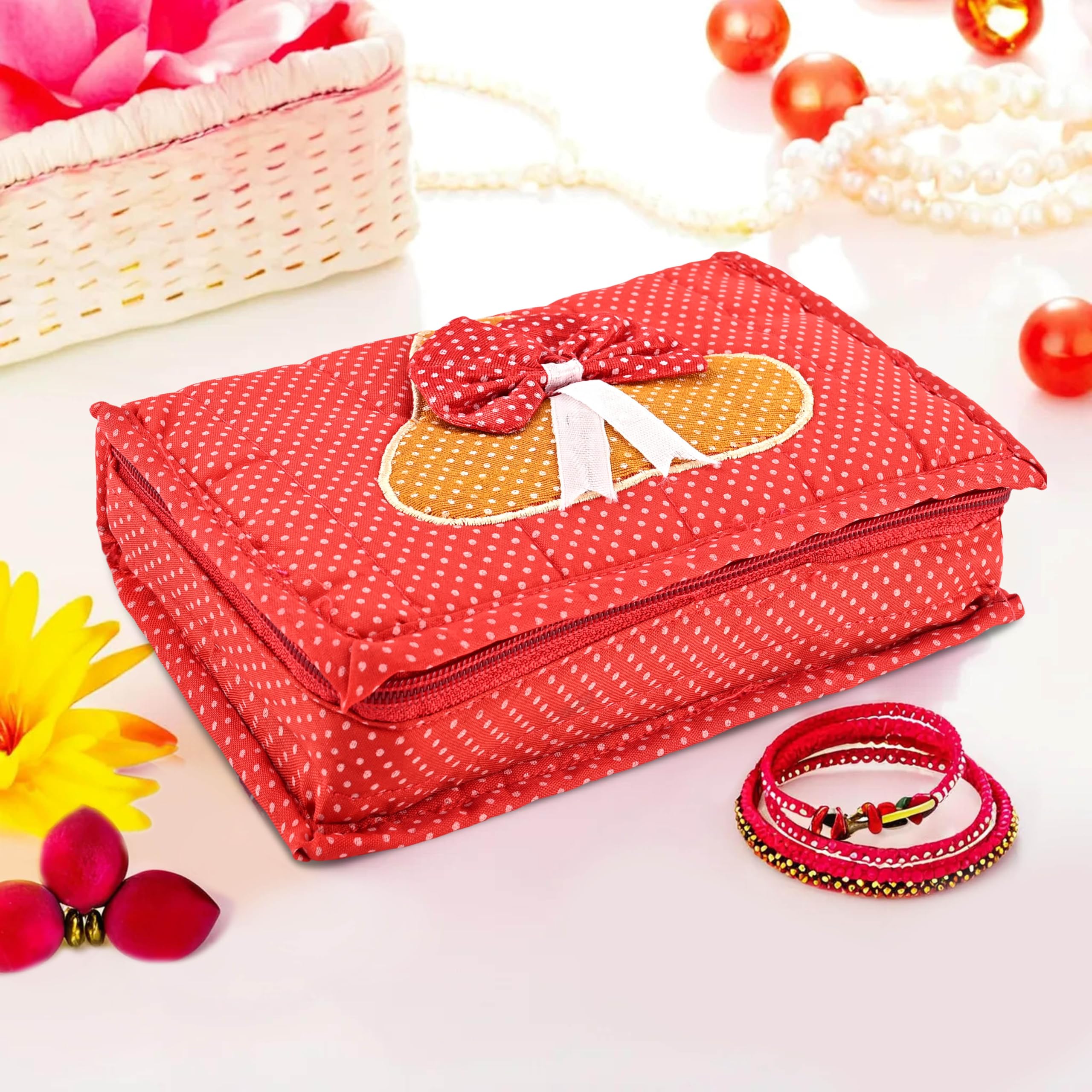 Kuber Industries Cosmetic Organisers Storage Box With 7 Pockets | Jewellery Organisers For Travel | Toiletries Bag | Dots Pattern - Red-image-40