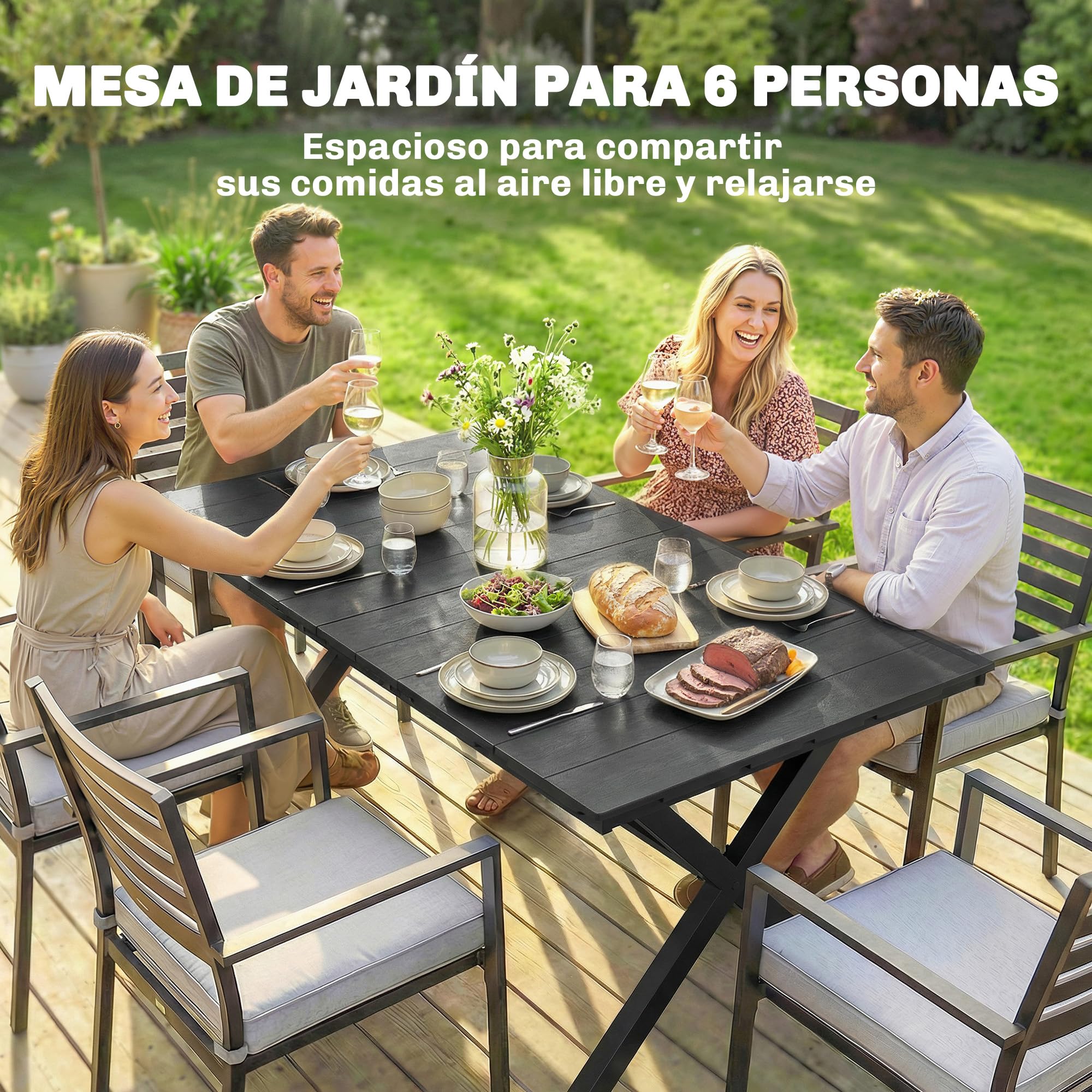 Outsunny Mesa de Comedor de Jardín Rectangular, Mesa de Terraza Exterior 150x90x74 cm, con Encimera de HDPE de Listones y Estructura Metálica, para 6 Personas, Carga 50 kg, para Patio, Balcón, Negro