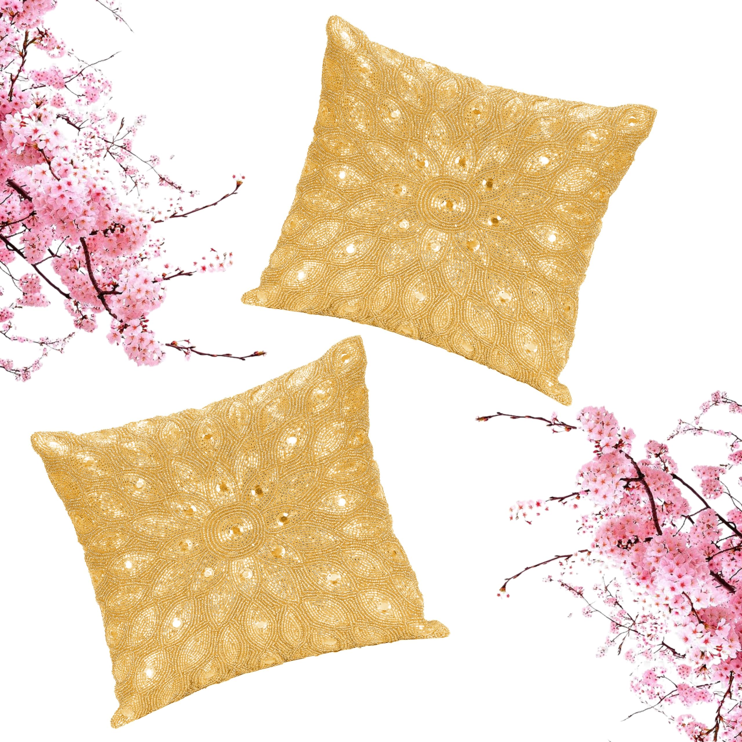 Lightnpro Gold Hand-Beaded Pillow Cover - 12x12 Inch, Handmade by Skilled Artisans - A Beautiful and Elegant Decorative Accent for Couch, Sofa, and