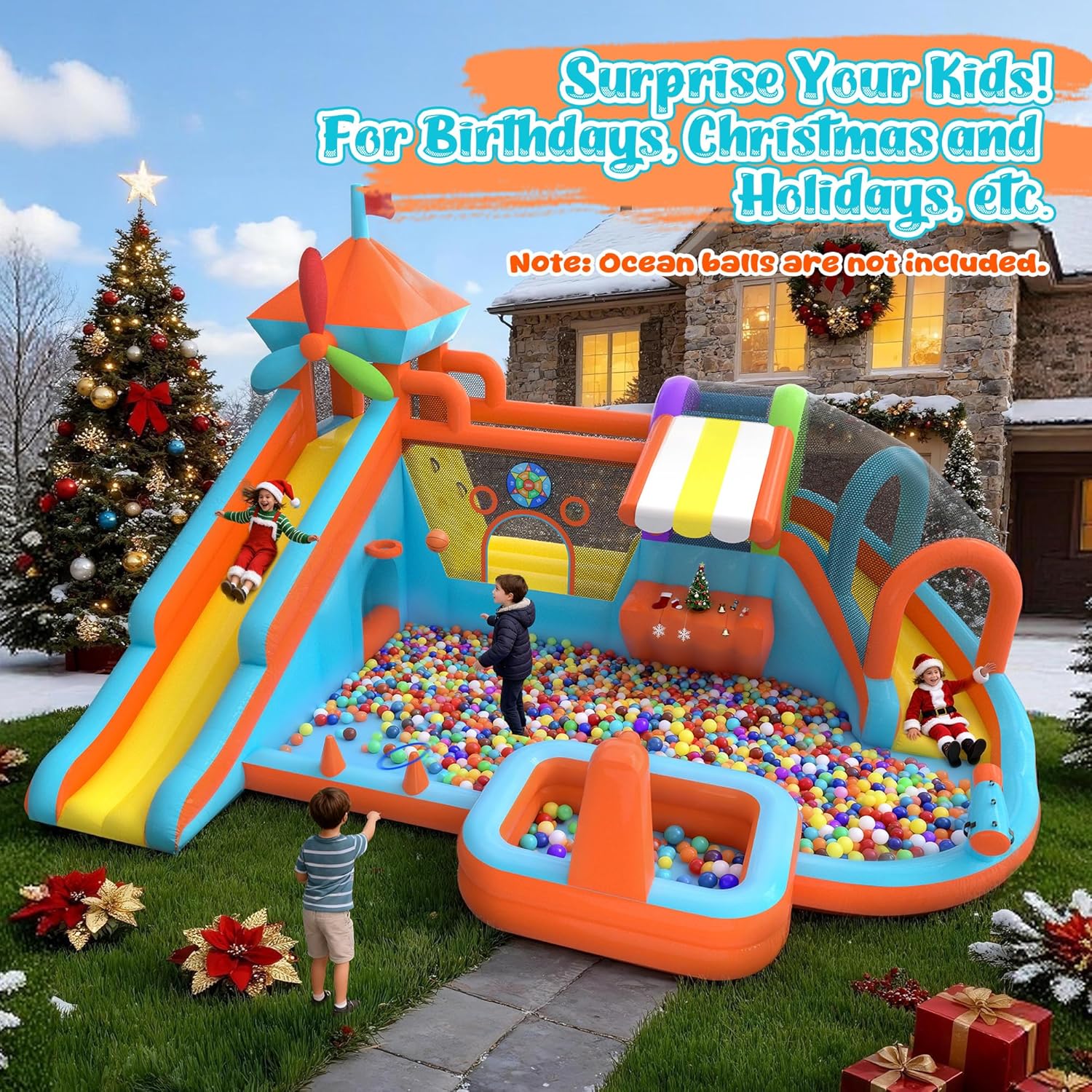 17.5×13 FT 12 in 1 Inflatable Bounce House for Kids with Double Slide, 750W Blower, Toy Stand, Jumping, Climbing Wall, Water Gun, Splash Pool, Tunnel, Basketball, Indoor, Outdoor (Orange)