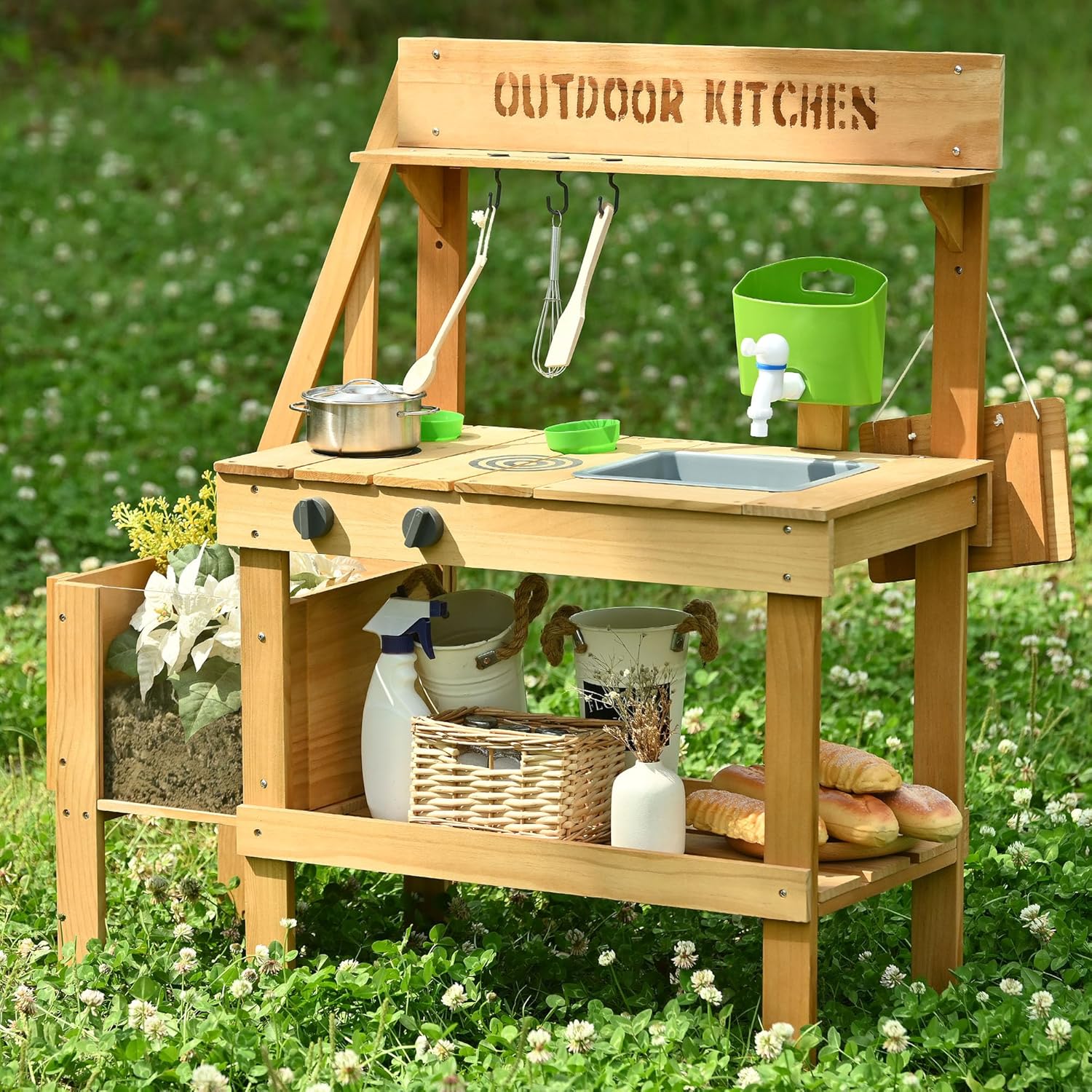 PETKABOO Mud Kitchen for Kids Outdoor, Wood Play Kitchen with Planter Box, Toddler Sink, Faucet, Blackboard, Water Cup and Accessories