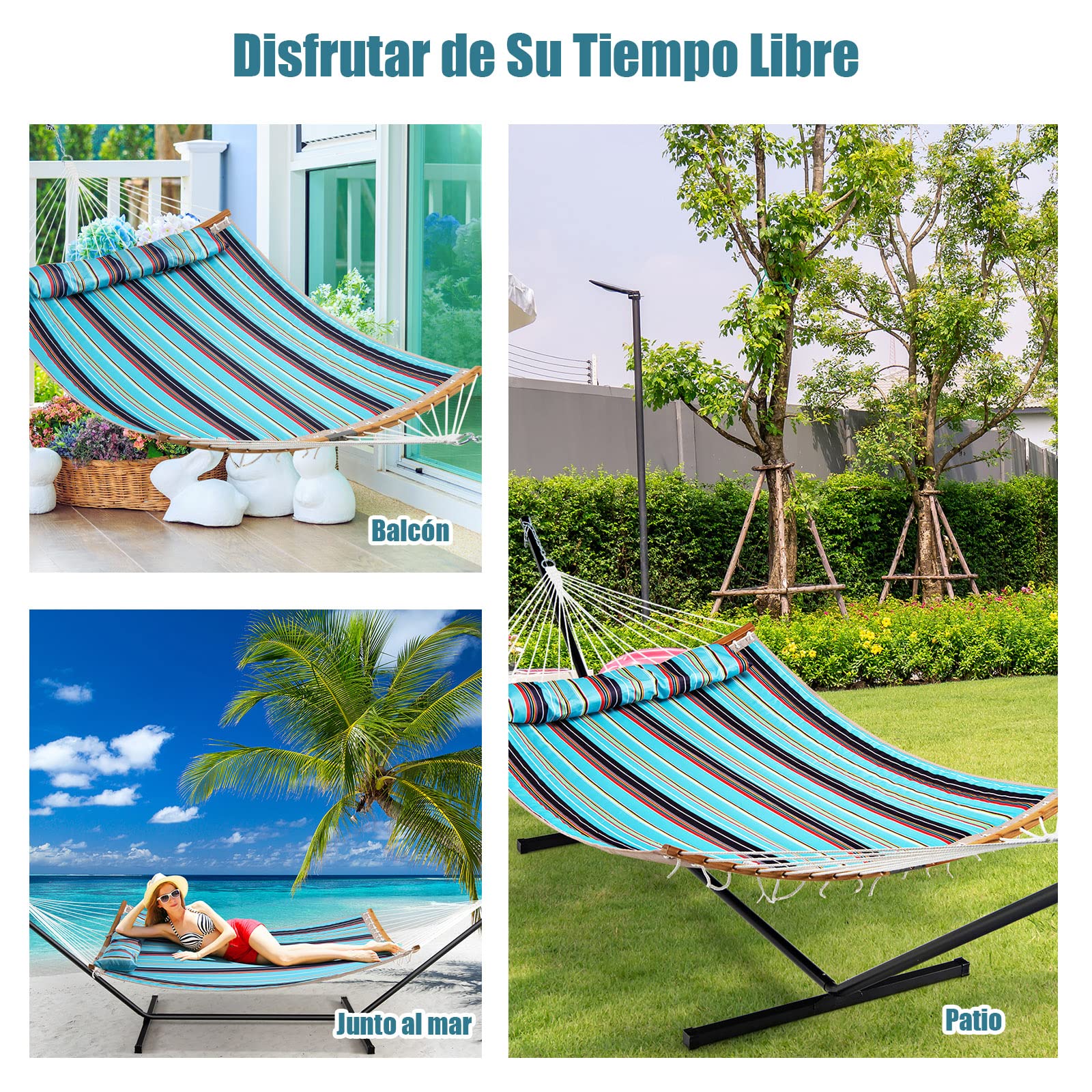 COSTWAY Hamaca Resistente, Hamaca de Exterior con Almohada Desmontable, Barra Separadora en Bambú Curvado, Hamaca Portátil para Patio Playa Jardín 189 x 135 cm, 150 kg (Azul)