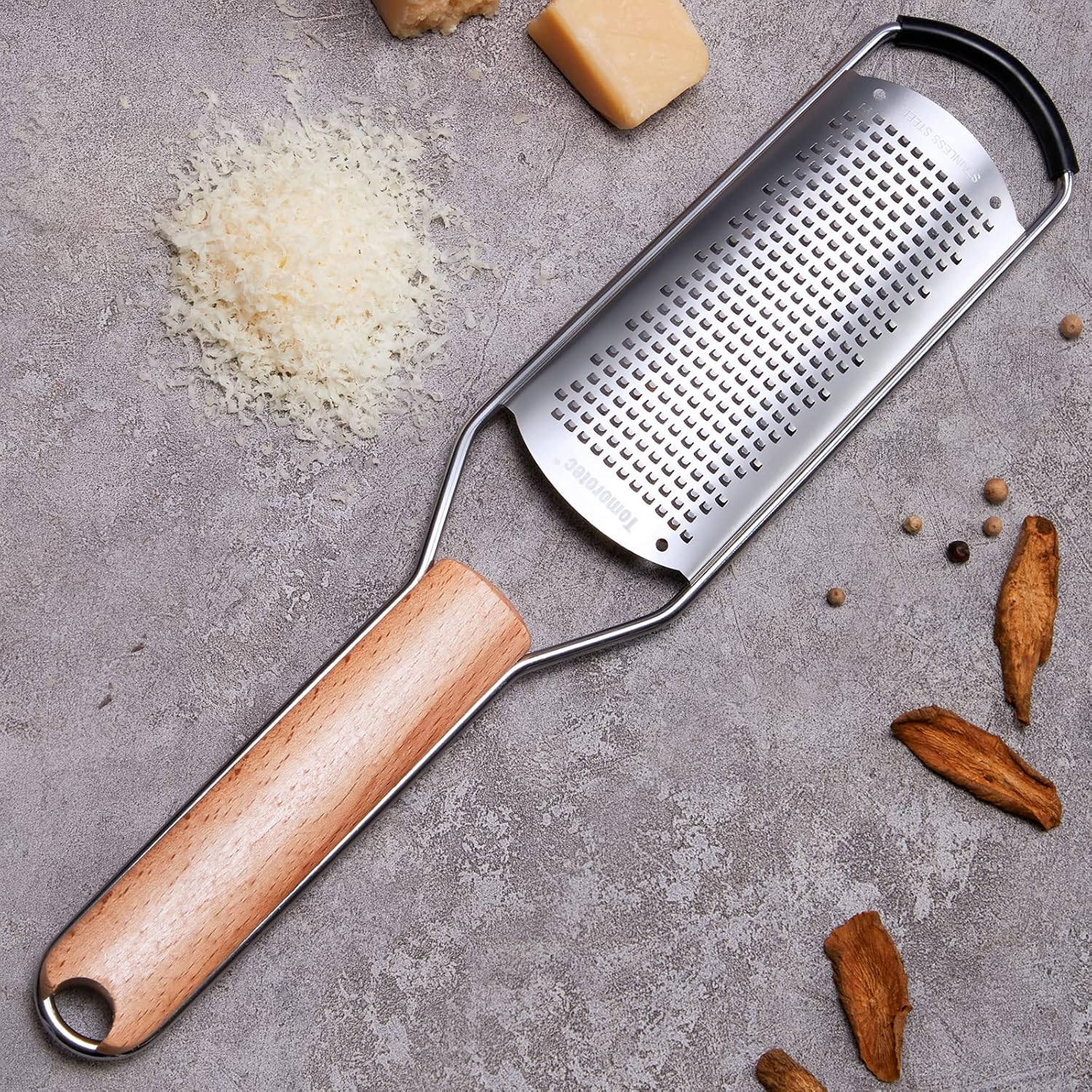 Stainless Steel Cheese Grater with Natural Wood Handle for Parmesan Cheese Lemon Ginger Cheese Nutmeg Potato Chocolate and