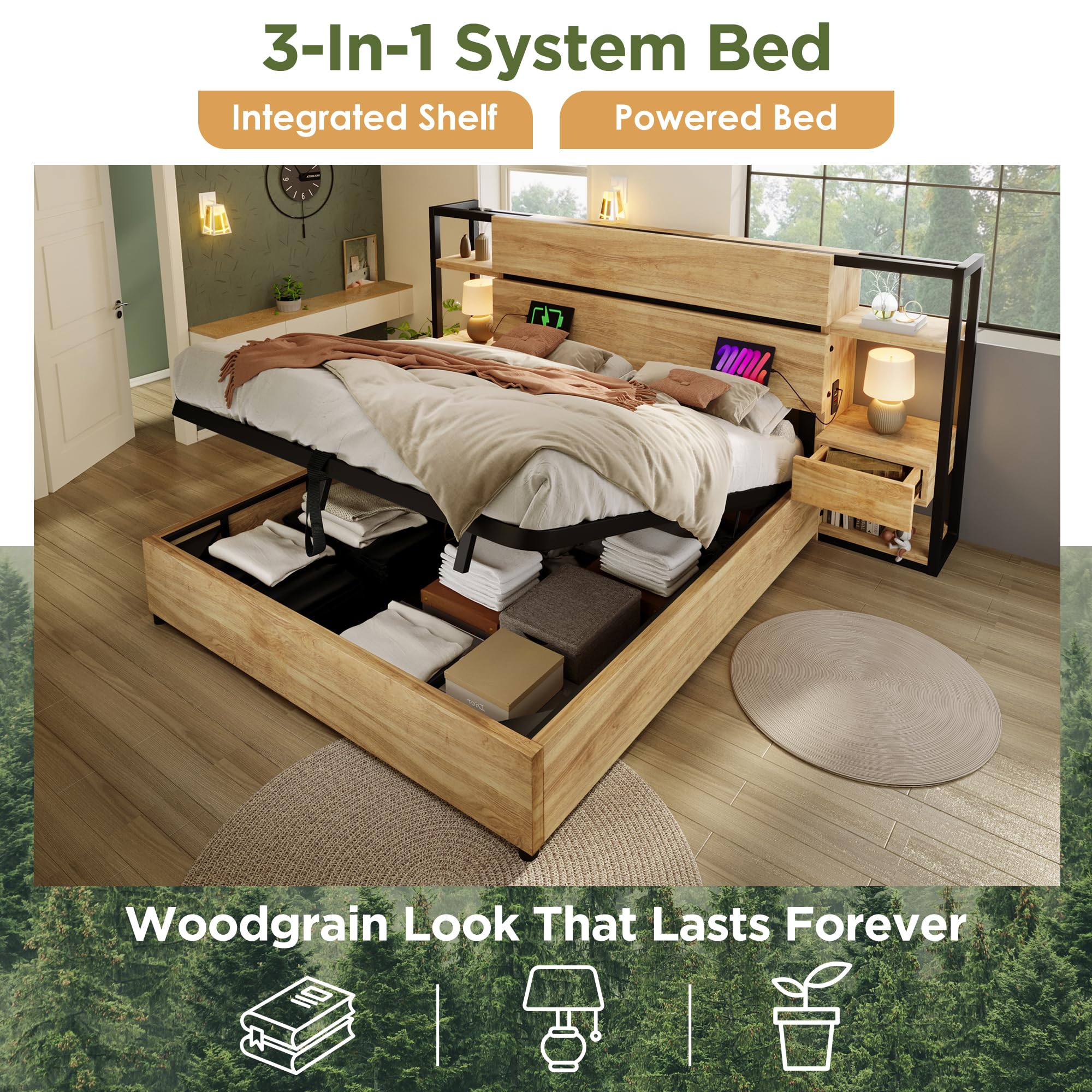 Letto matrimoniale in legno, struttura letto 160x200cm con spazio di archiviazione idraulico e stazione di ricarica USB-C | Letto in stile industriale con cassetti e comodino | Finitura in